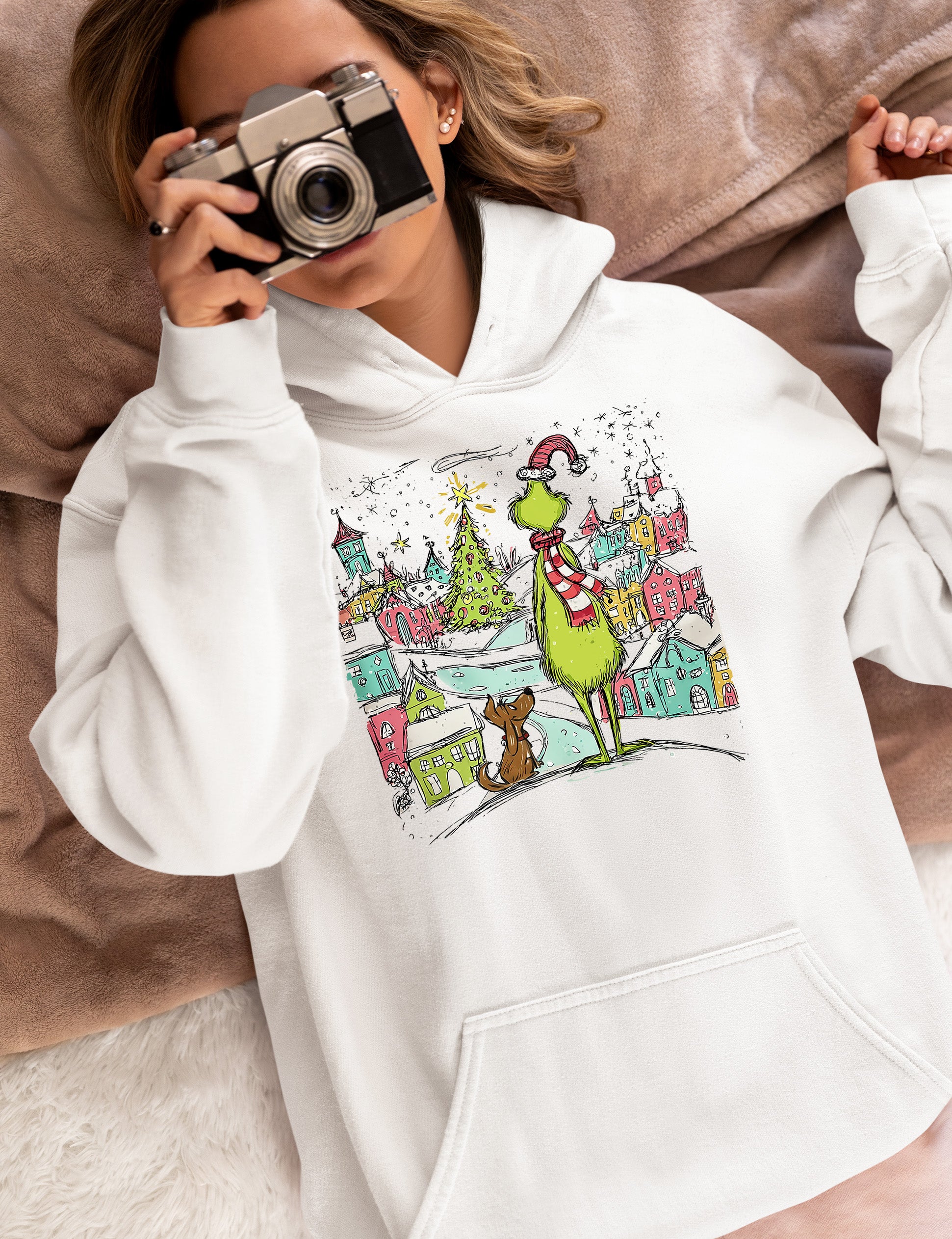 Line Drawing Christmas Illustration - Minimalist Holiday Scene, Nordic Christmas Art, Cozy Winter Gift Hoodie