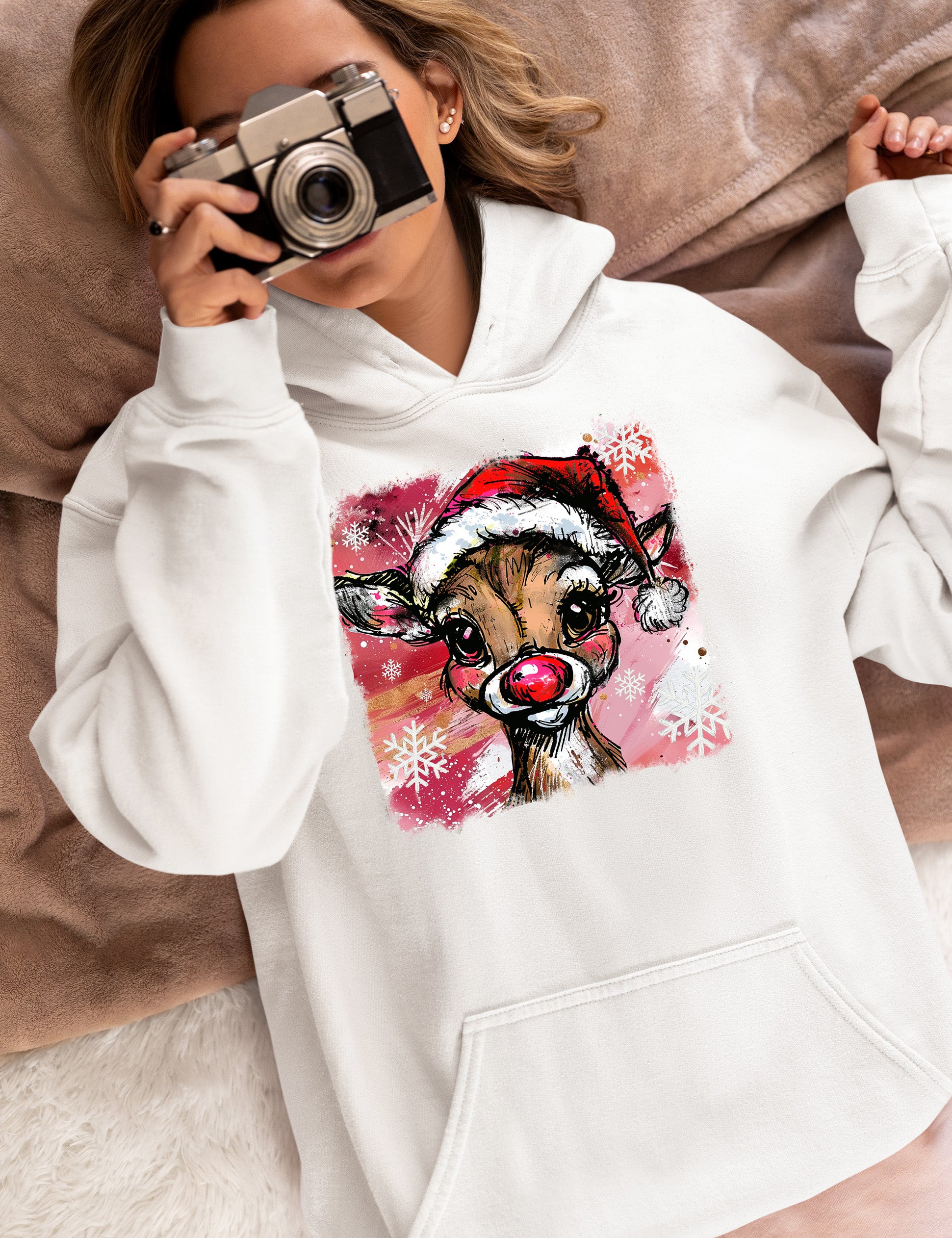 Christmas Reindeer with Hat - Festive Holiday Gift Idea, Handcrafted Seasonal Charm Hoodie