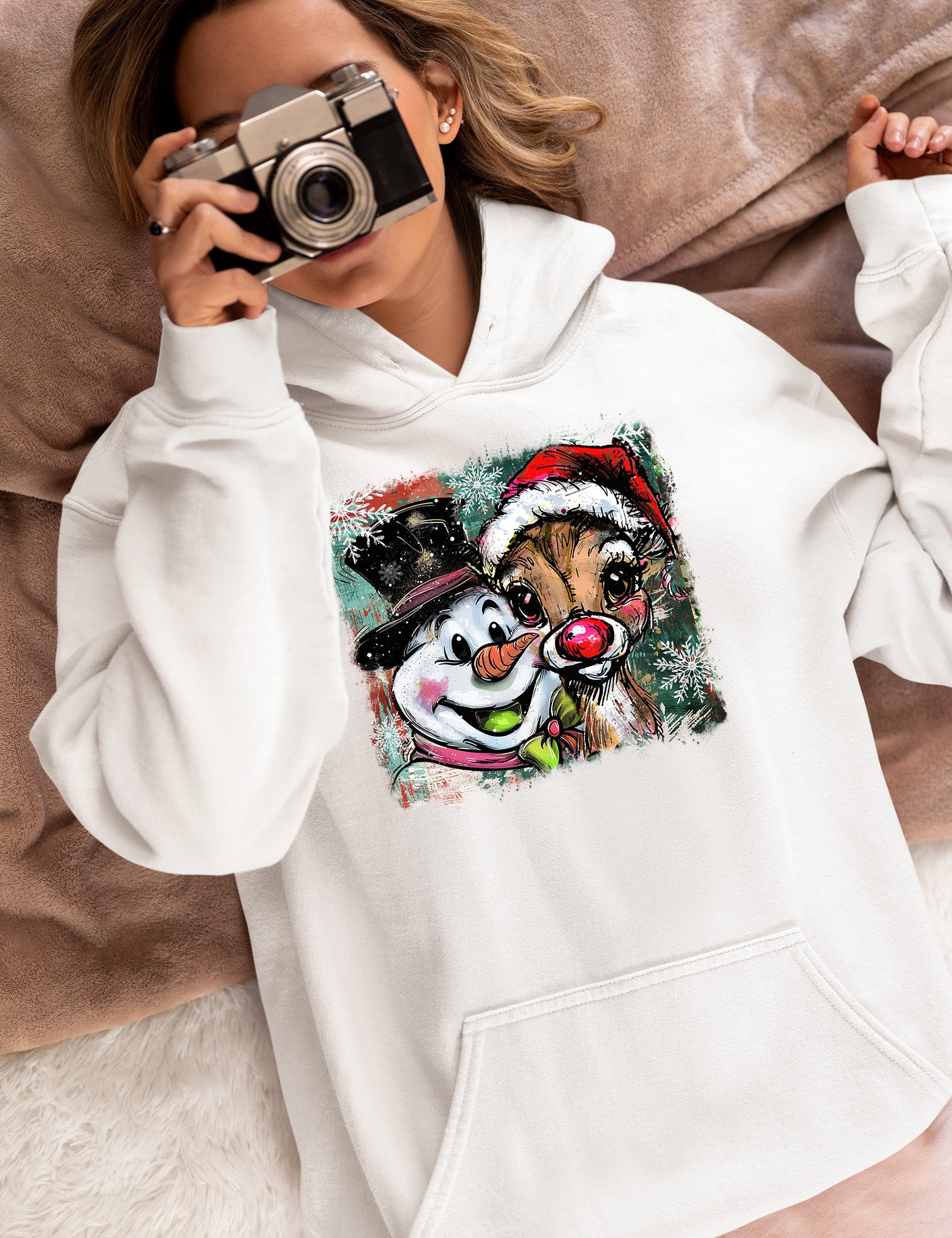 Christmas Raindeer with Snowman Scene, Cozy Winter Holiday Craft, Handmade Seasonal Gift Idea Hoodie
