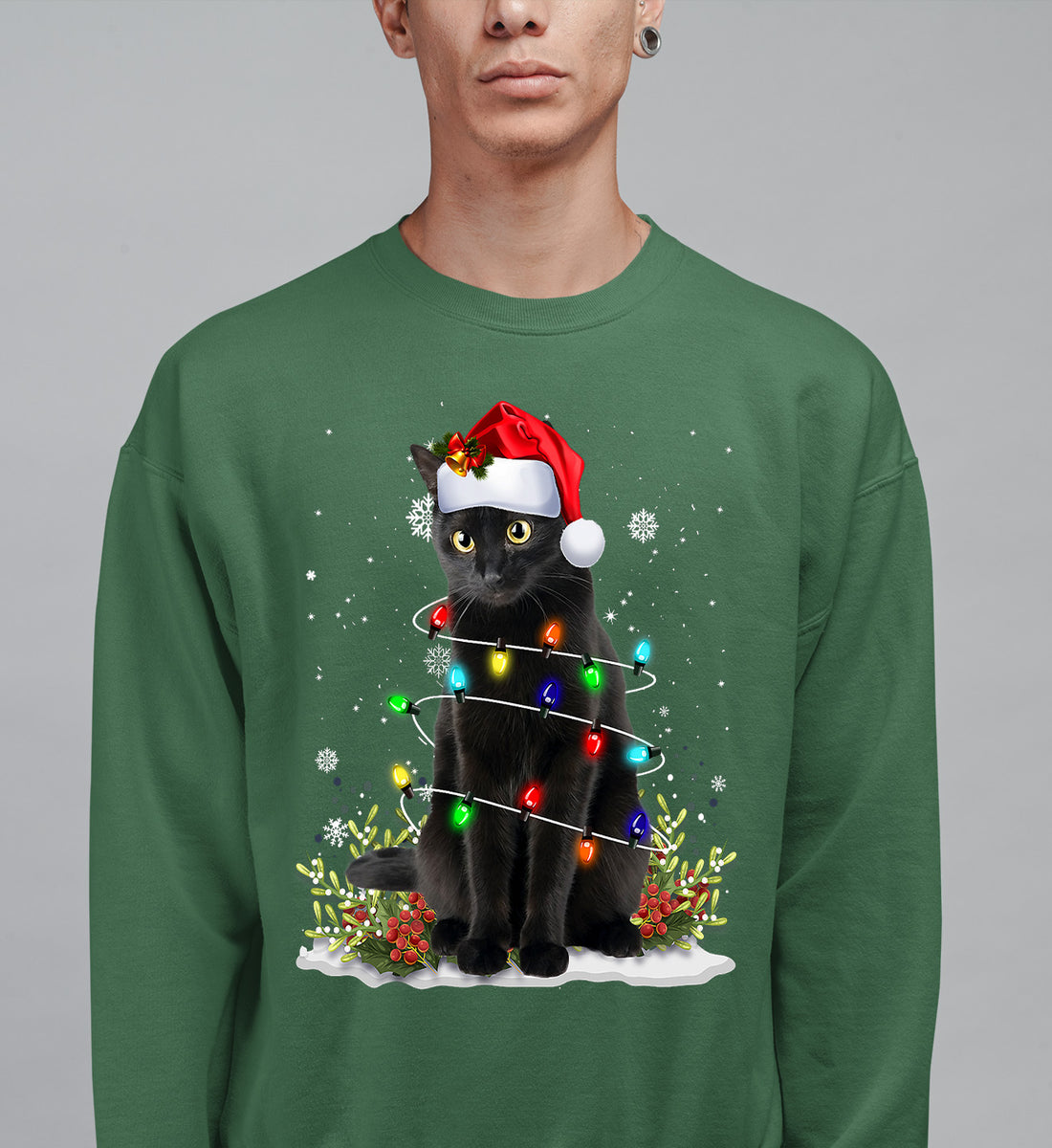 Christmas Cat Wrapped in Lights - Cute Festive Kitty in Holiday Glow, Perfect Gift for Cat Lovers, Cozy Seasonal Charm Sweatshirt
