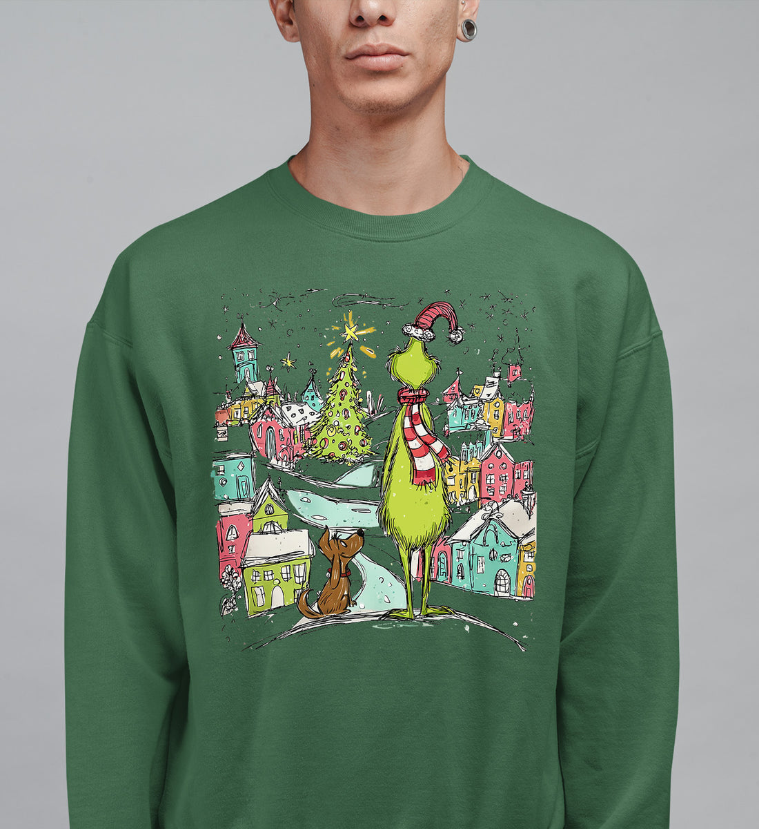 Line Drawing Christmas Illustration - Minimalist Holiday Scene, Nordic Christmas Art, Cozy Winter Gift Sweatshirt