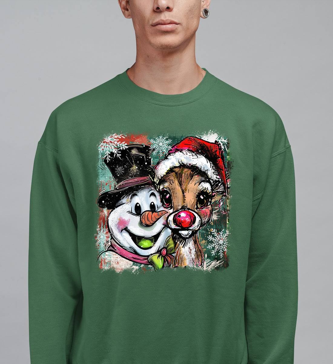 Christmas Raindeer with Snowman Scene, Cozy Winter Holiday Craft, Handmade Seasonal Gift Idea Sweatshirt