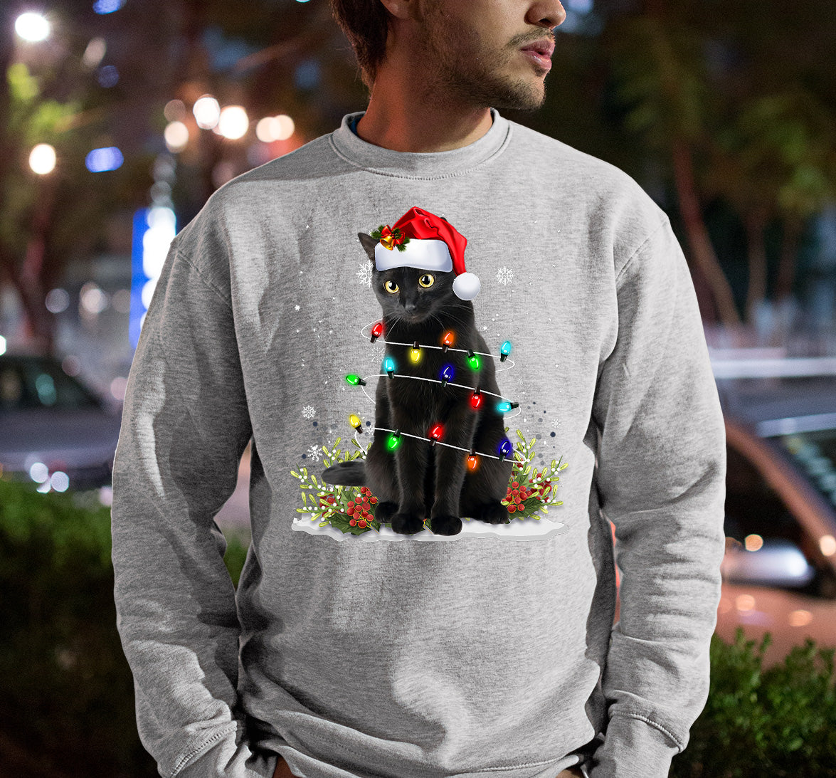 Christmas Cat Wrapped in Lights - Cute Festive Kitty in Holiday Glow, Perfect Gift for Cat Lovers, Cozy Seasonal Charm Sweatshirt
