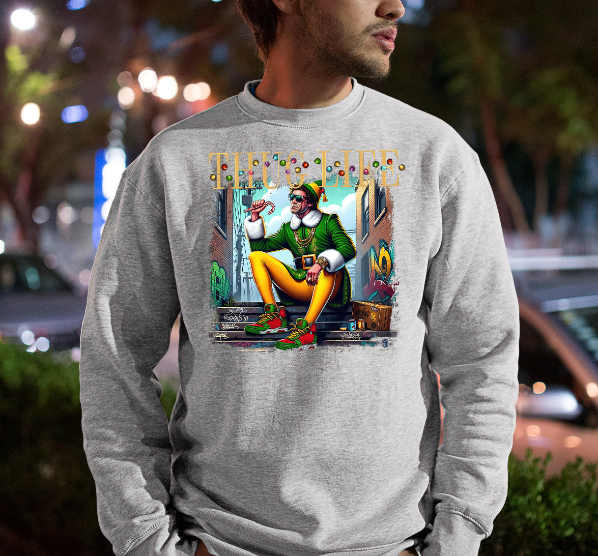 Thug Life Elf Christmas – Funny Holiday Elf Meme, Santa Humor, Naughty Nice Edition, Gifty Laughs for Holidays Sweatshirt