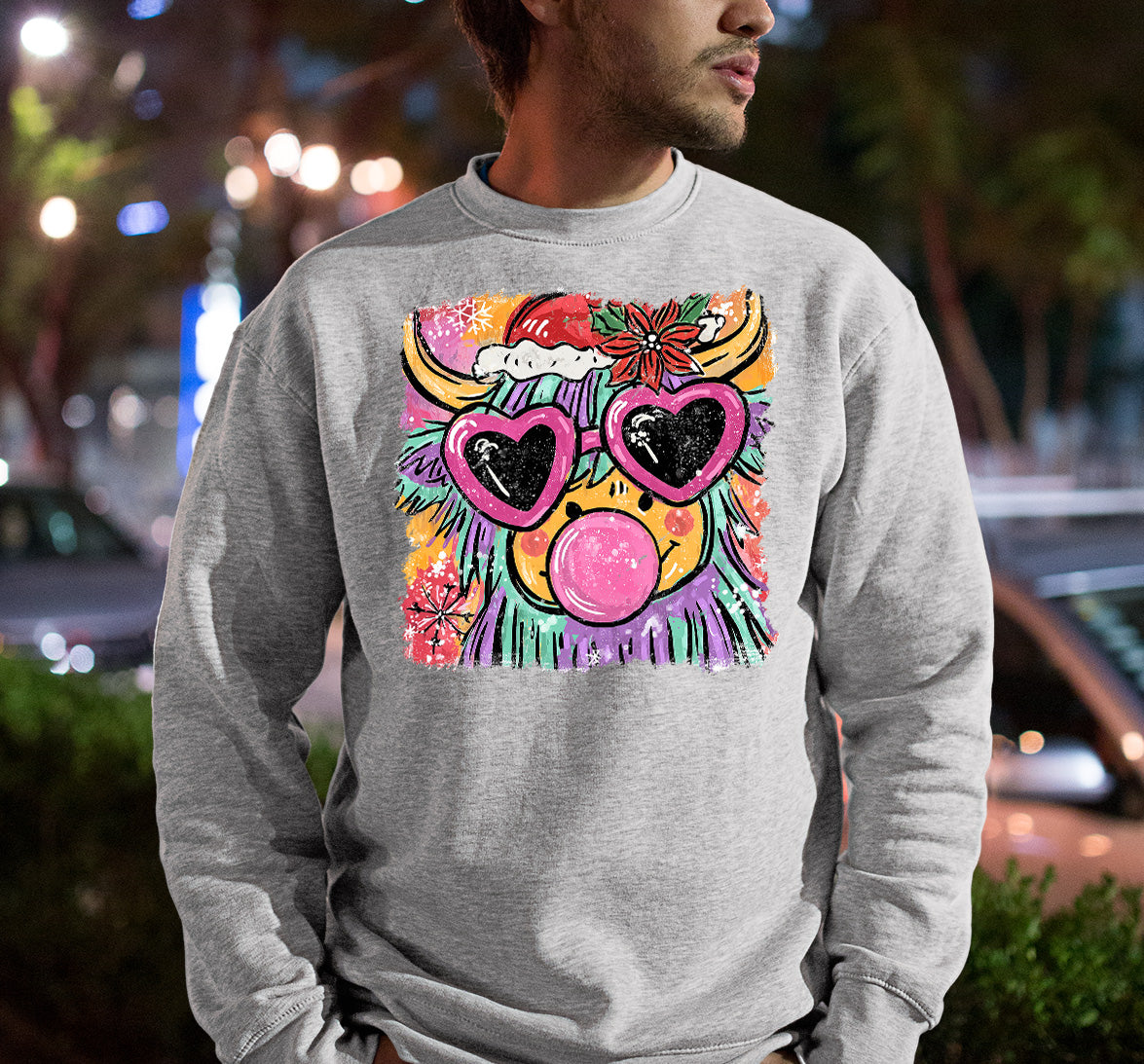 Highland Cow Christmas - Scottish Holiday Scene, Folk Art Gift for Winter, Rustic Cute Keepsake Sweatshirt