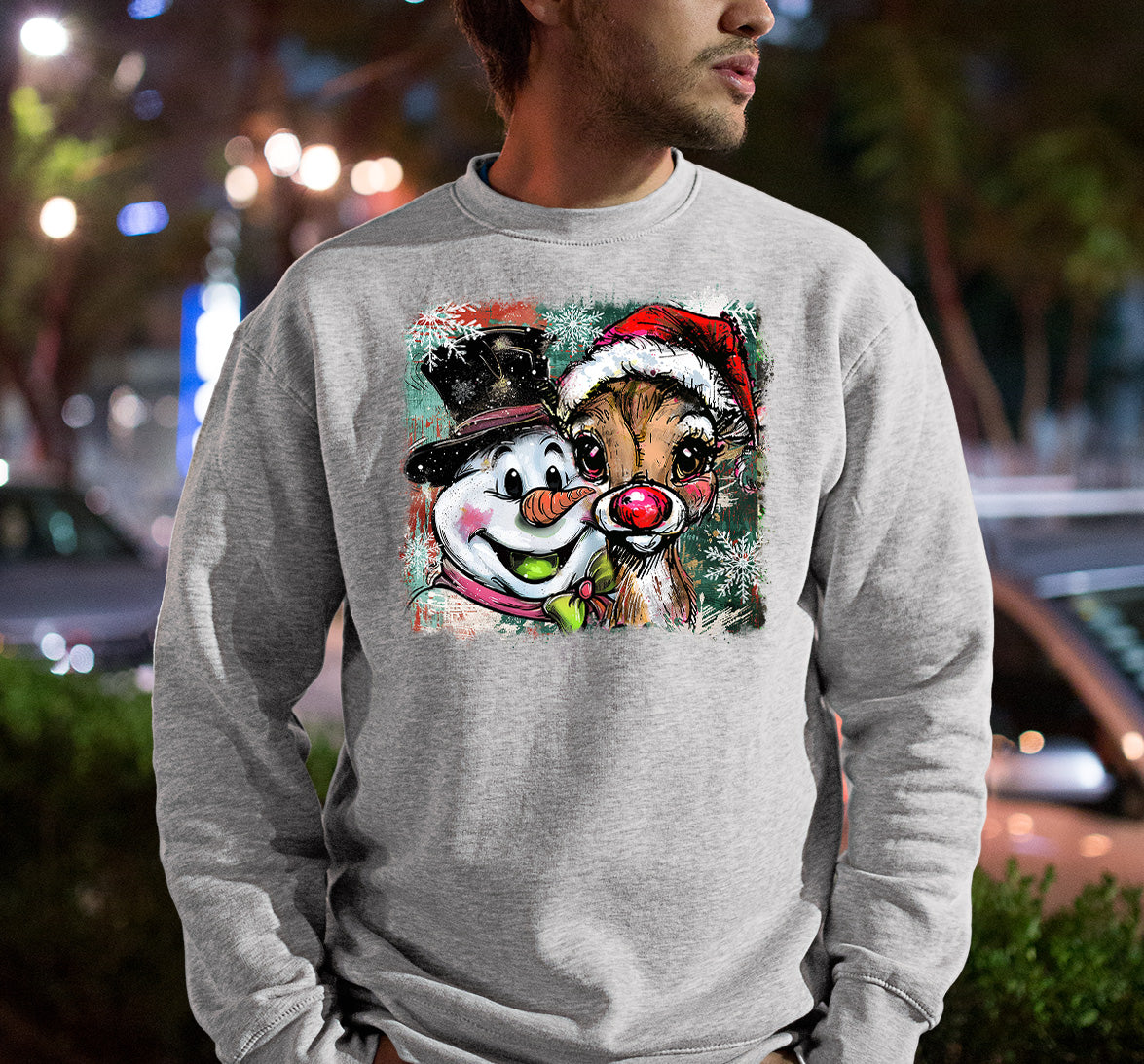 Christmas Raindeer with Snowman Scene, Cozy Winter Holiday Craft, Handmade Seasonal Gift Idea Sweatshirt