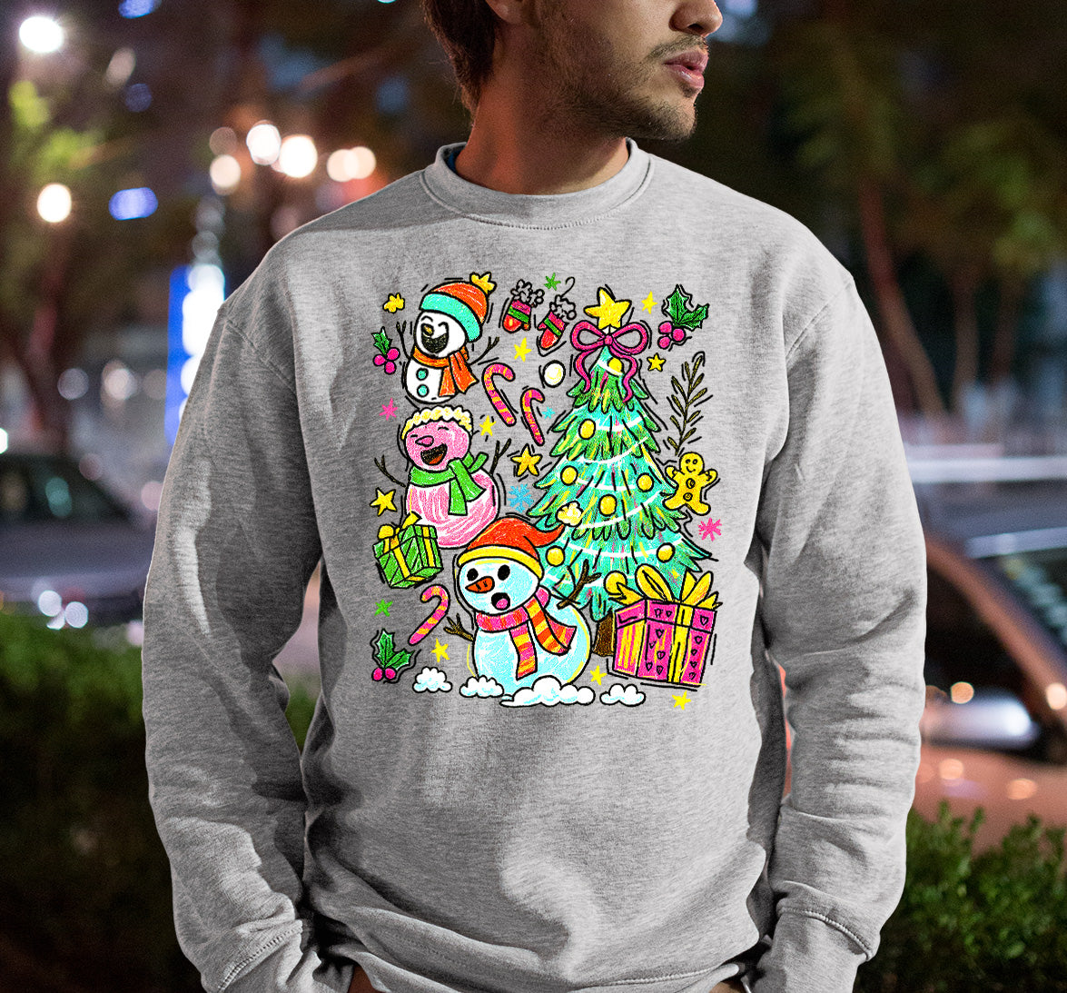 Christmas Line Drawing - Minimalist Holiday Sketch, Festive Snow Scene, Clean Black Ink Line Art for Gifts & Home Sweatshirt