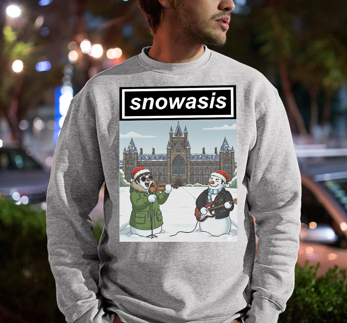 Snowasis in Front of Glasgow Kelvingrove – Christmas Scene, Festive Glasgow Landmark, Snowy Cityscape Gift Idea, Scottish Holiday Art Sweatshirt