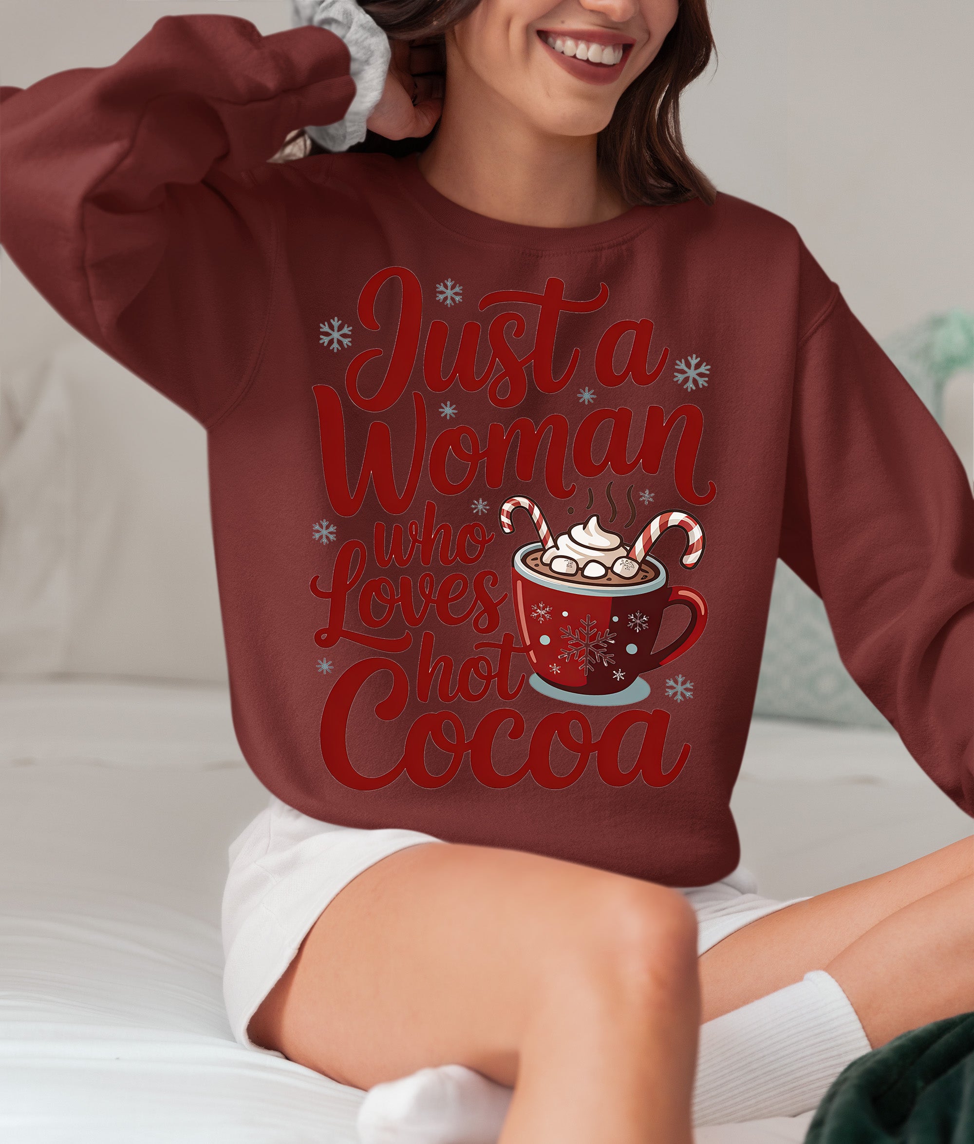 Christmas Gift for Her: Just a Woman Who Loves Hot Cocoa – Cozy Holiday Cheer Sweatshirt