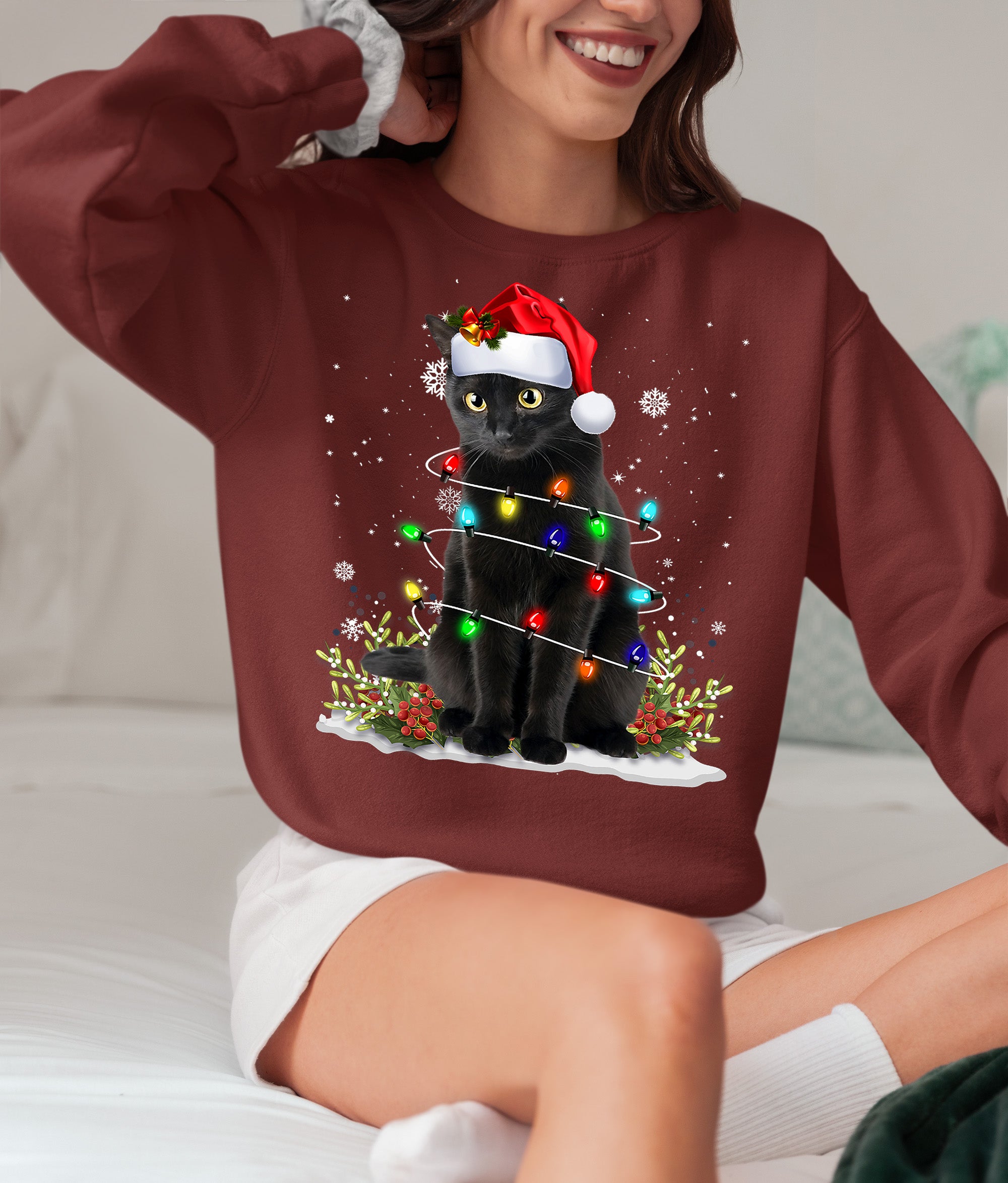 Christmas Cat Wrapped in Lights - Cute Festive Kitty in Holiday Glow, Perfect Gift for Cat Lovers, Cozy Seasonal Charm Sweatshirt