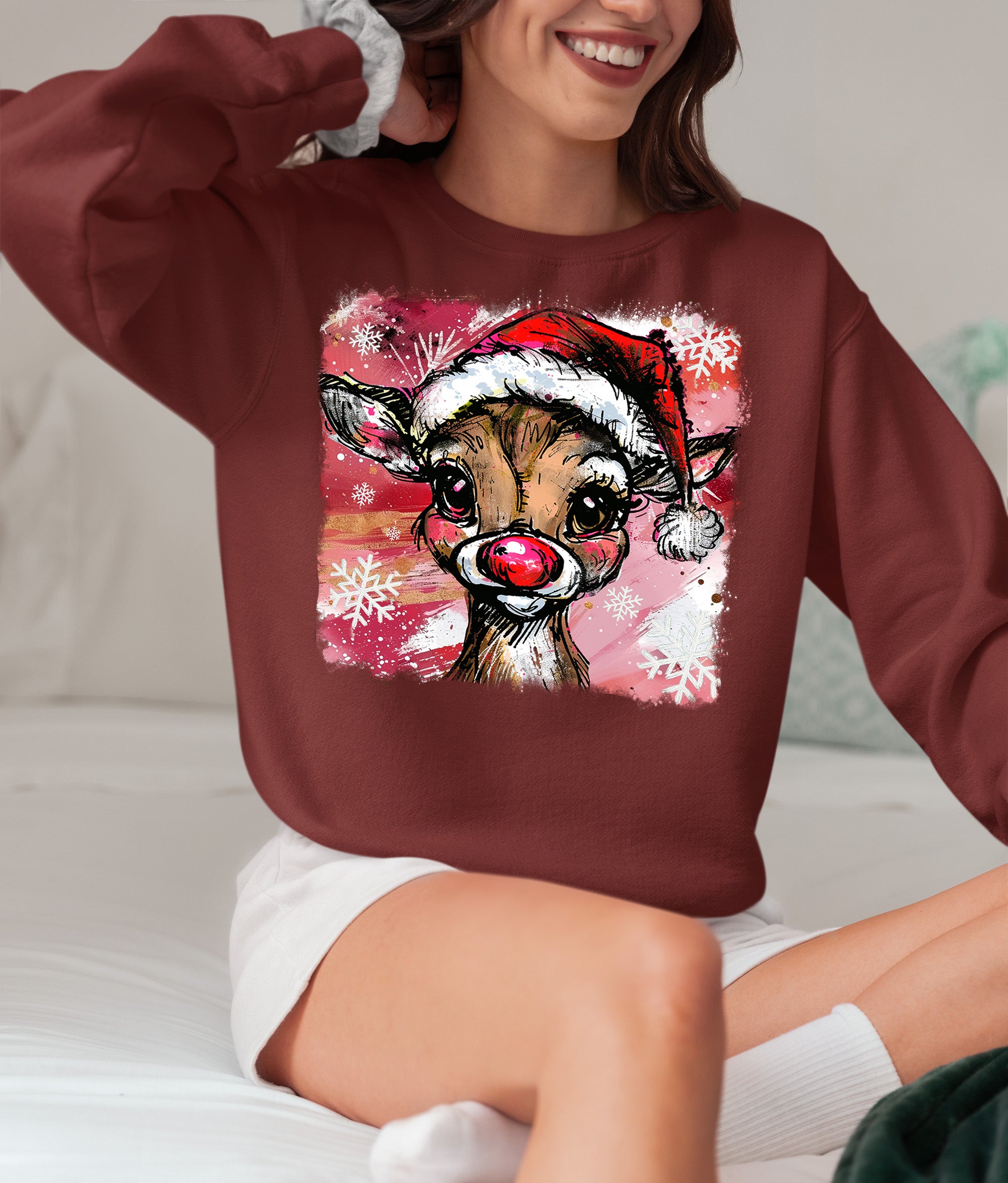 Christmas Reindeer with Hat - Festive Holiday Gift Idea, Handcrafted Seasonal Charm Sweatshirt