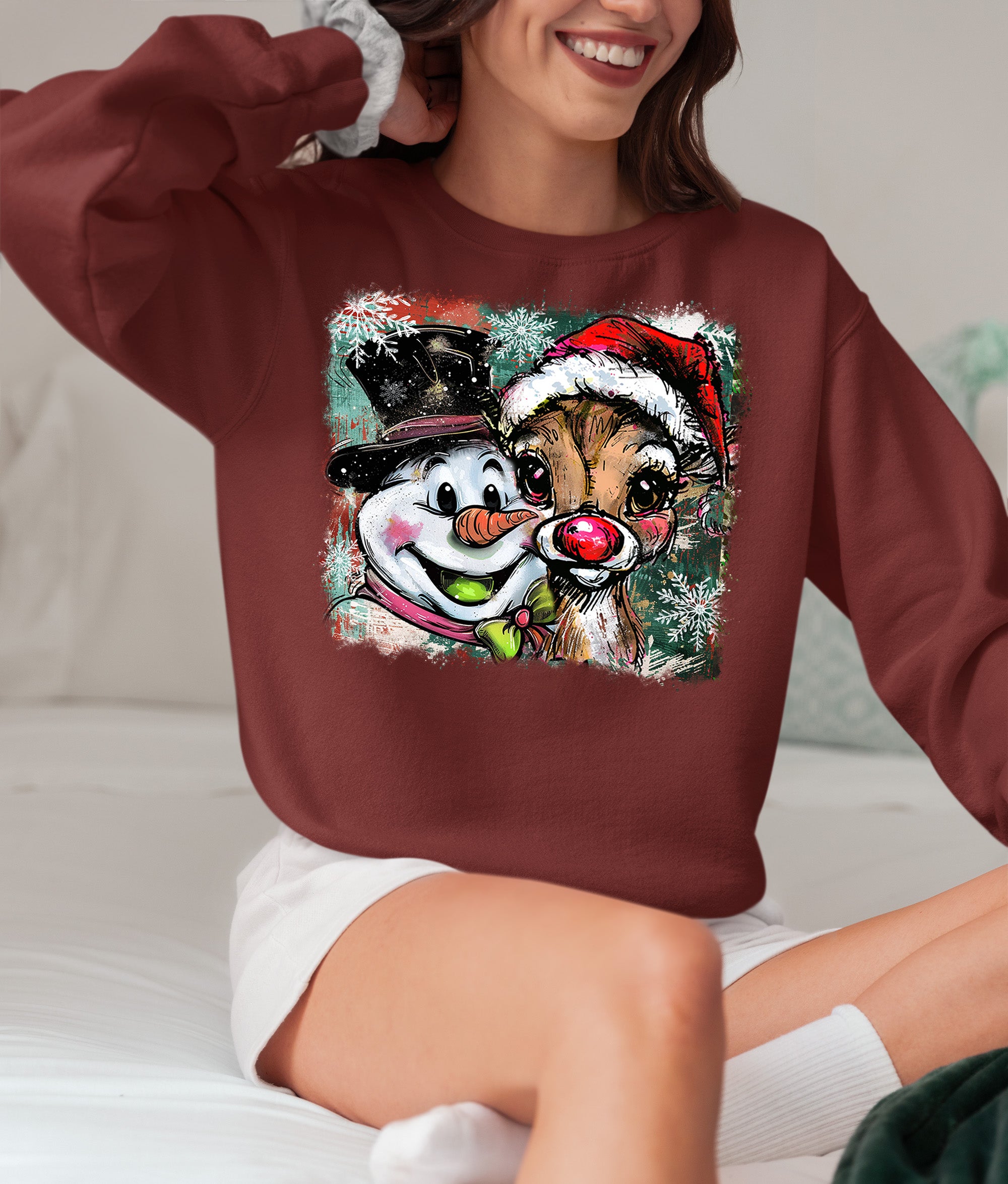 Christmas Raindeer with Snowman Scene, Cozy Winter Holiday Craft, Handmade Seasonal Gift Idea Sweatshirt