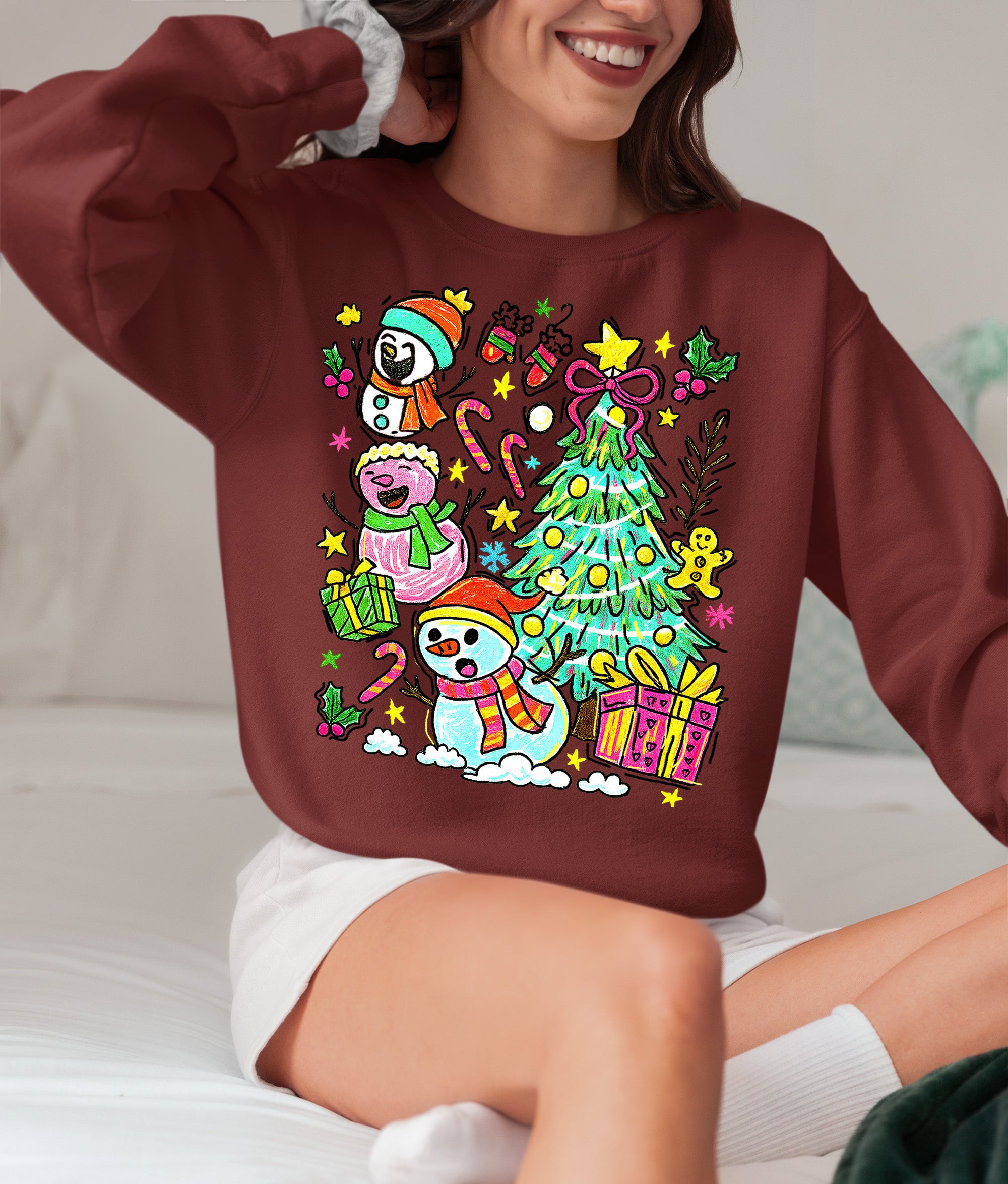 Christmas Line Drawing - Minimalist Holiday Sketch, Festive Snow Scene, Clean Black Ink Line Art for Gifts & Home Sweatshirt