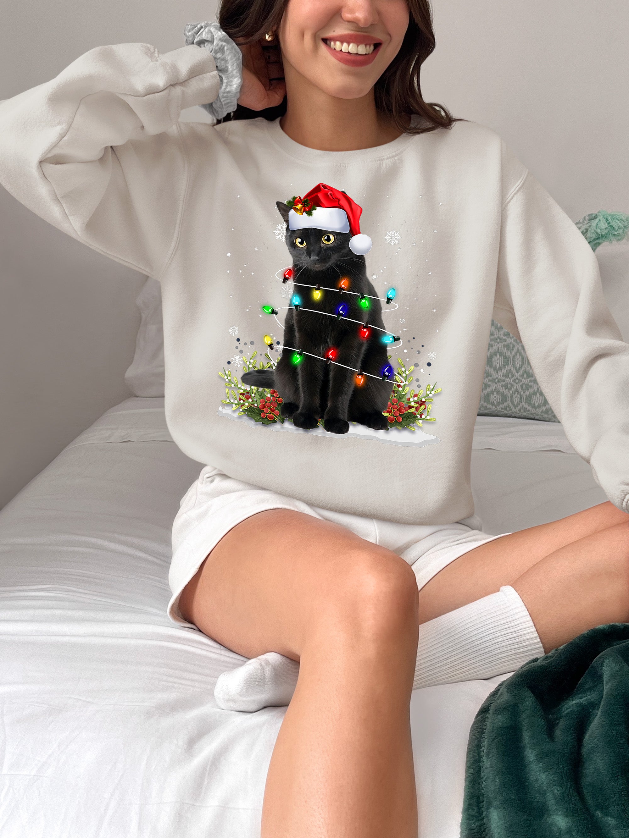 Christmas Cat Wrapped in Lights - Cute Festive Kitty in Holiday Glow, Perfect Gift for Cat Lovers, Cozy Seasonal Charm Sweatshirt