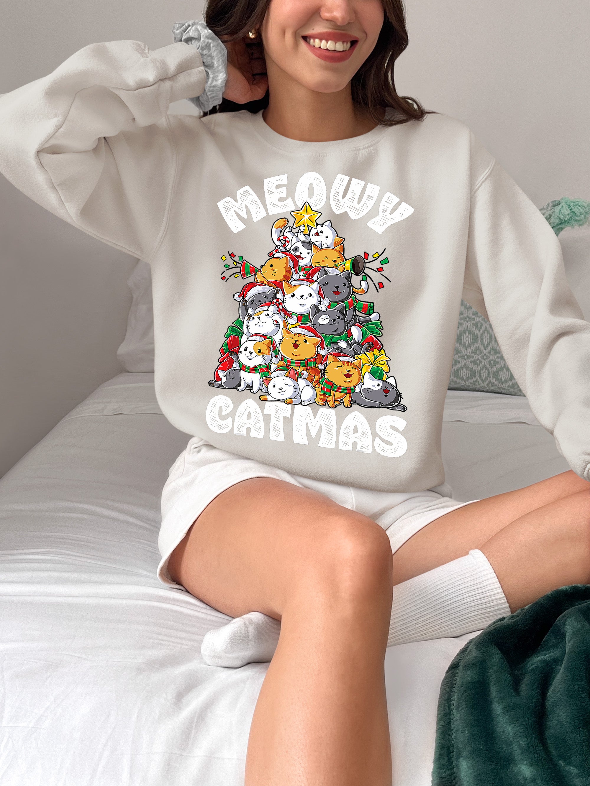Meowy Cat Tree Christmas Gift for Cats - Festive Cat Condo, Holiday Cozy Shelter, Yuletide Cat Furniture, Seasonal Cat House Sweatshirt