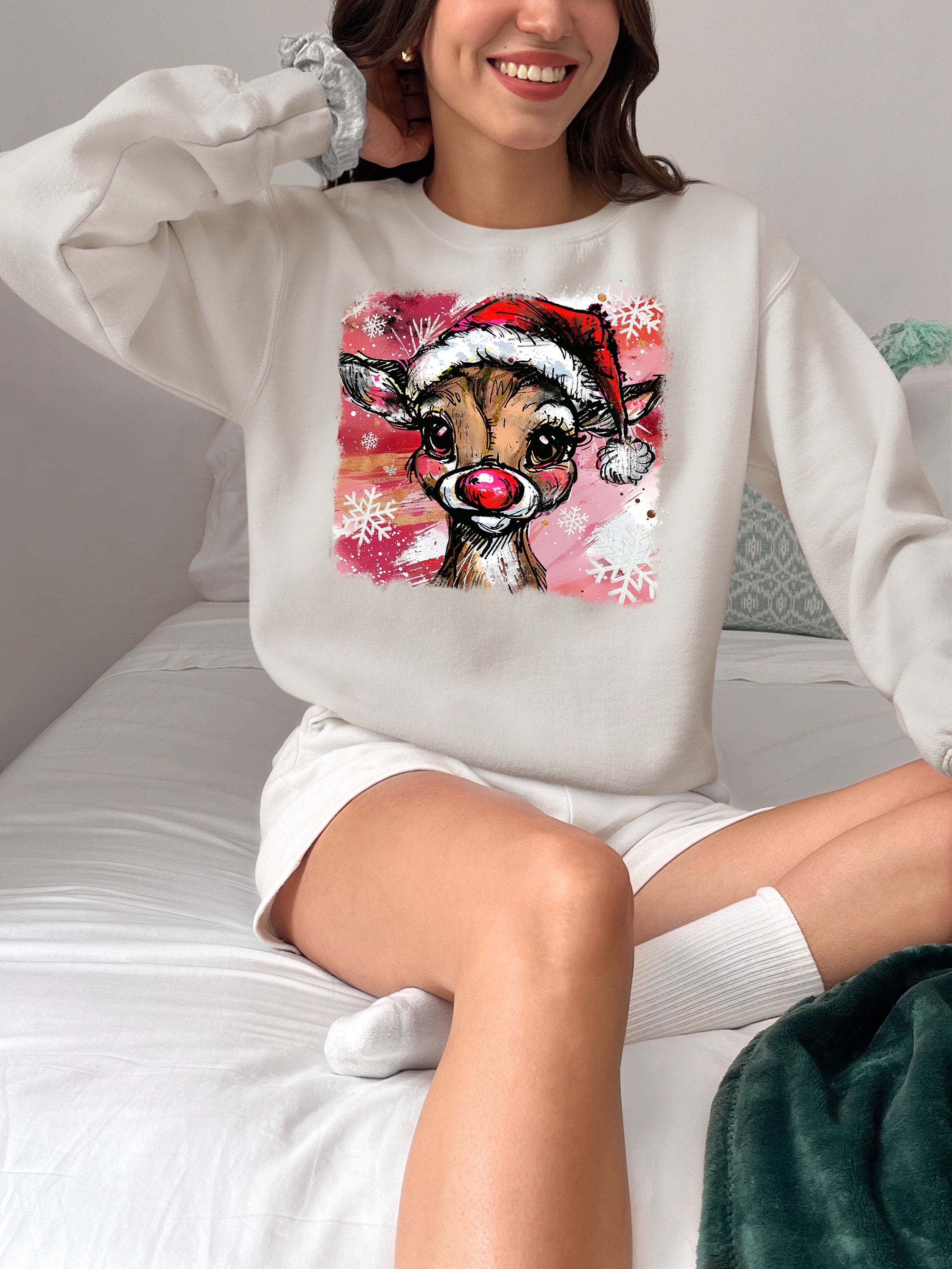 Christmas Reindeer with Hat - Festive Holiday Gift Idea, Handcrafted Seasonal Charm Sweatshirt