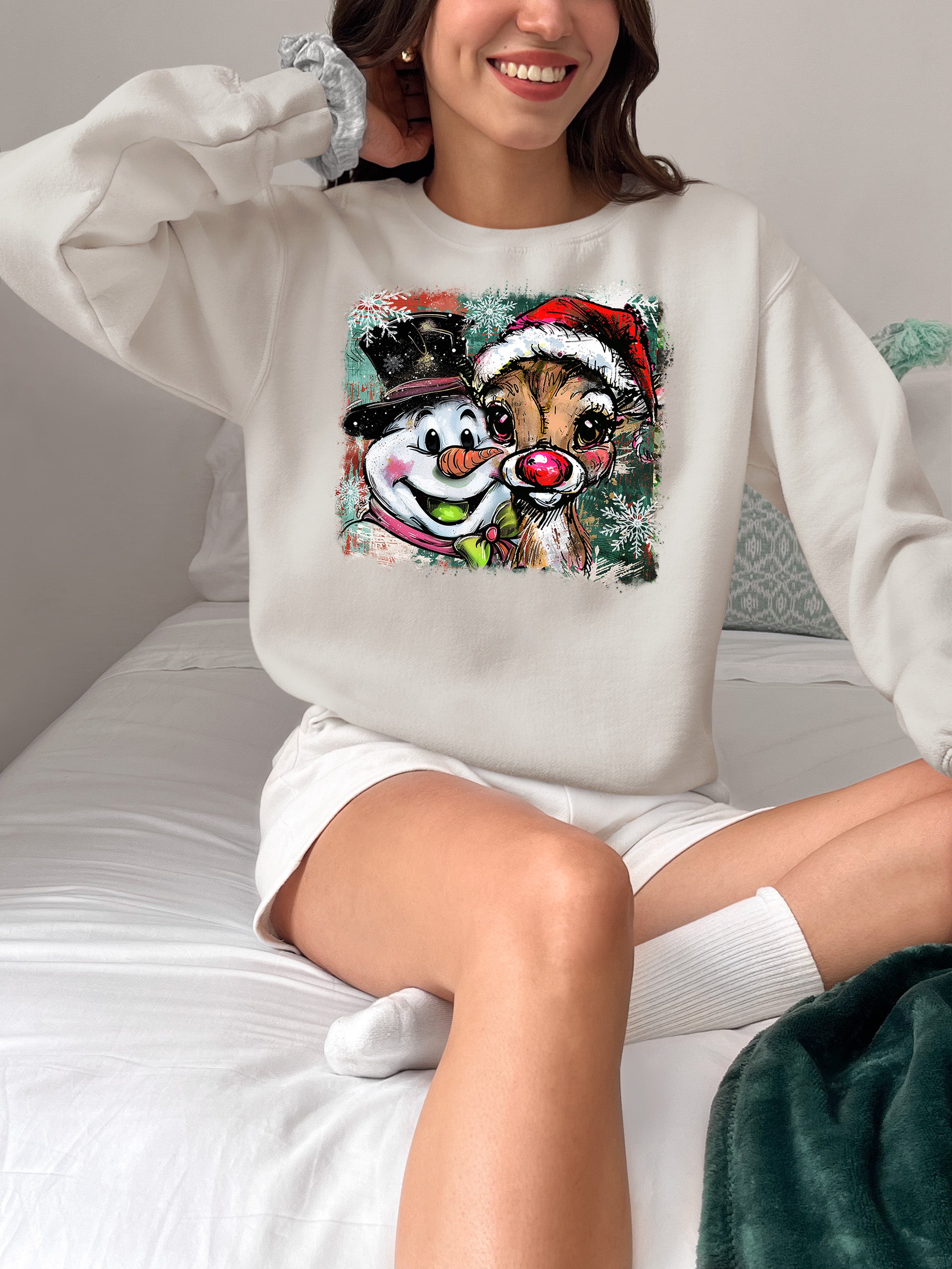 Christmas Raindeer with Snowman Scene, Cozy Winter Holiday Craft, Handmade Seasonal Gift Idea Sweatshirt