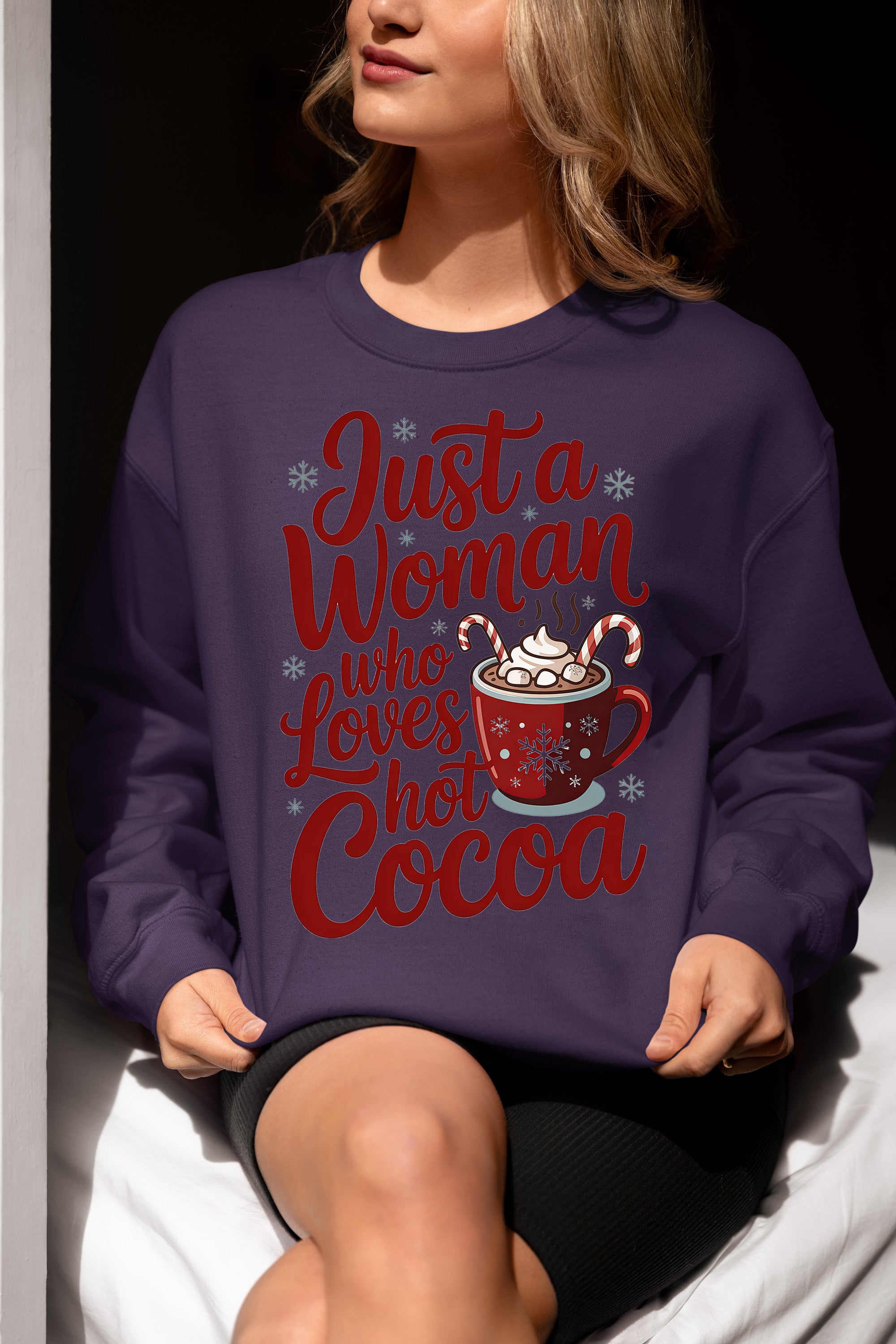 Christmas Gift for Her: Just a Woman Who Loves Hot Cocoa – Cozy Holiday Cheer Sweatshirt