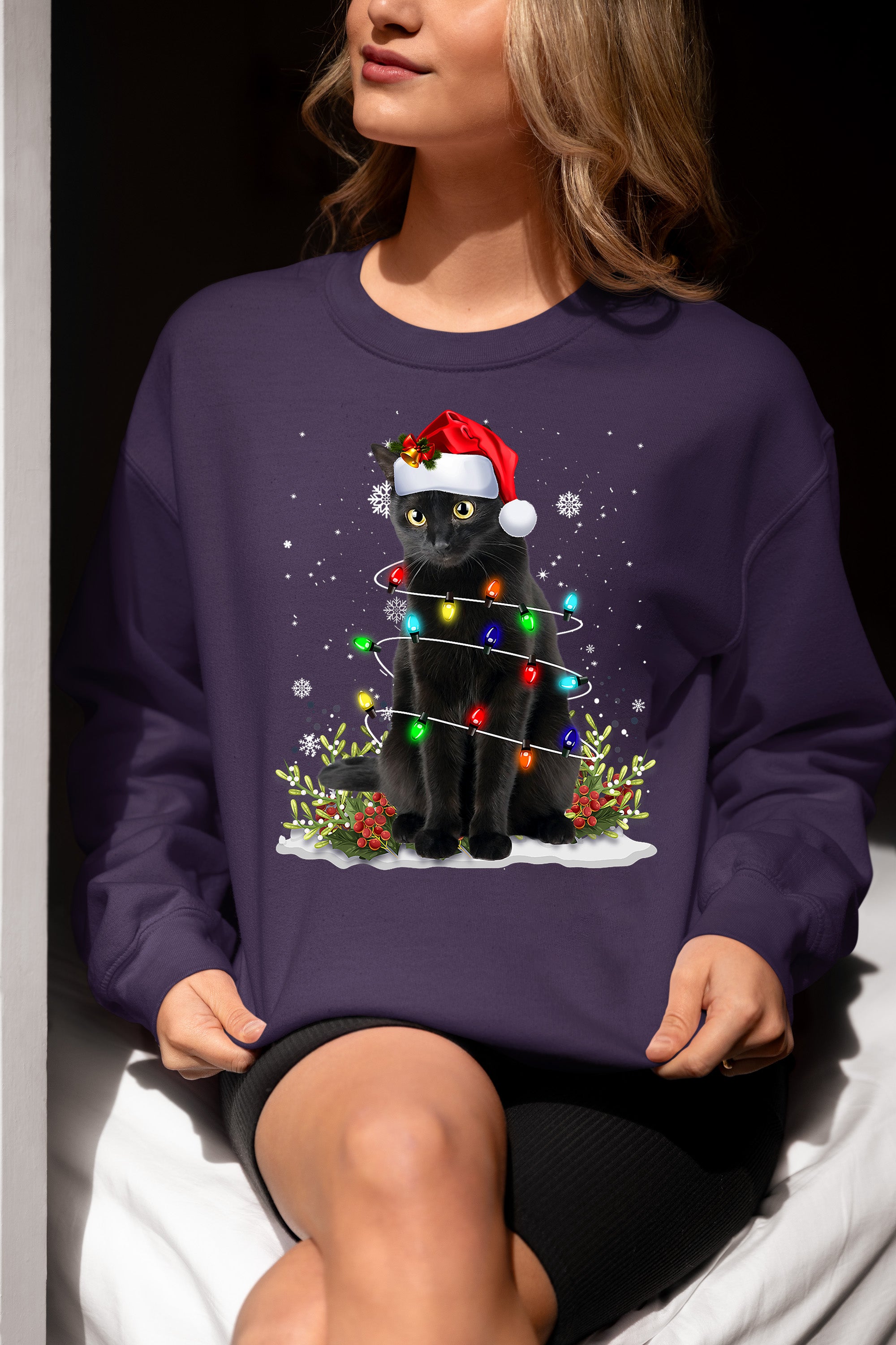Christmas Cat Wrapped in Lights - Cute Festive Kitty in Holiday Glow, Perfect Gift for Cat Lovers, Cozy Seasonal Charm Sweatshirt