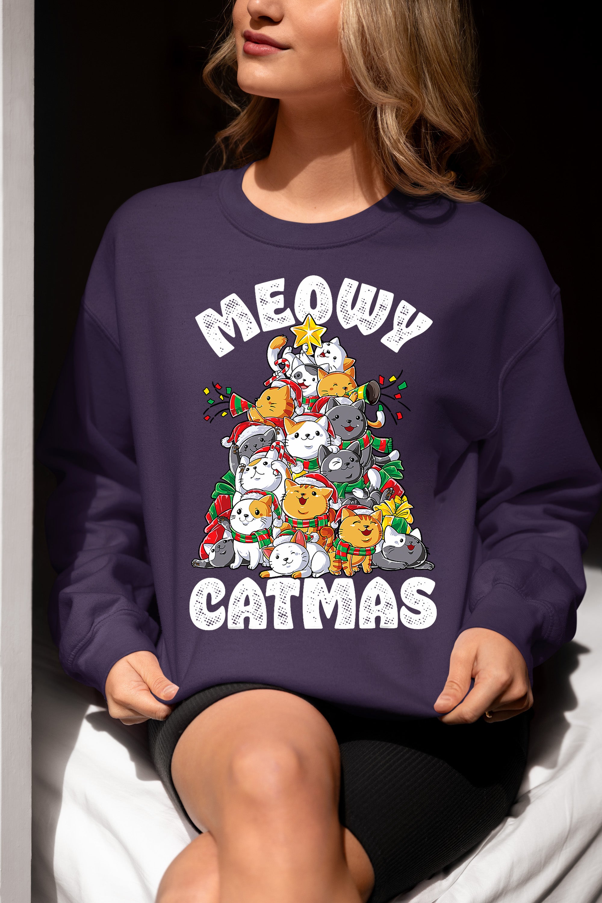 Meowy Cat Tree Christmas Gift for Cats - Festive Cat Condo, Holiday Cozy Shelter, Yuletide Cat Furniture, Seasonal Cat House Sweatshirt