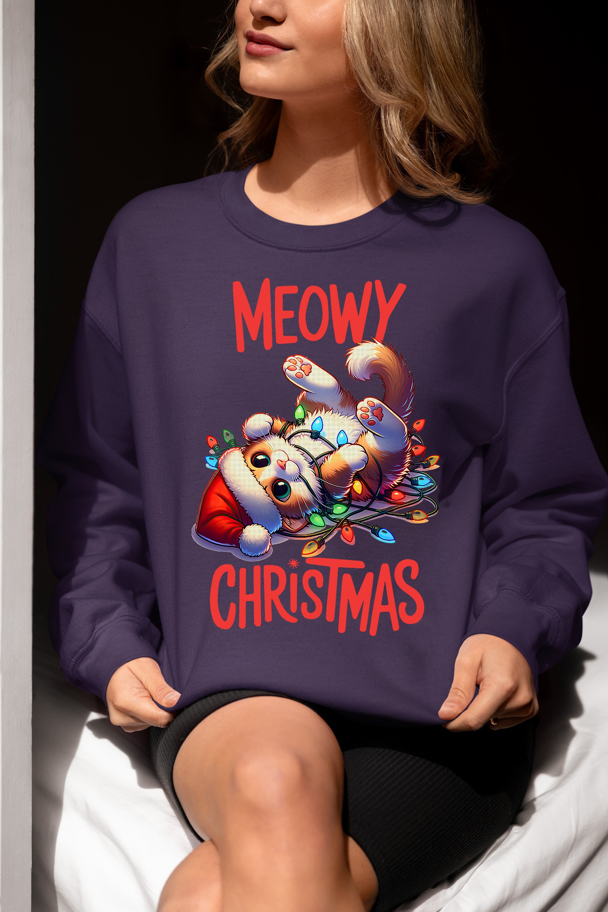 Meowy Christmas Cat Illustration, Festive Holiday Poster for Cat Lovers, Cozy Seasonal Gift, Cute Feline Artwork Sweatshirt
