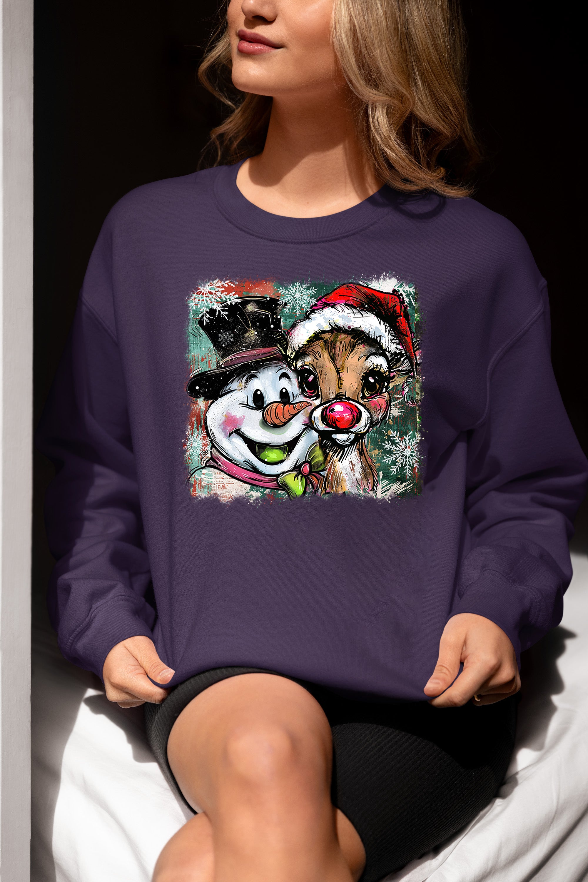 Christmas Raindeer with Snowman Scene, Cozy Winter Holiday Craft, Handmade Seasonal Gift Idea Sweatshirt