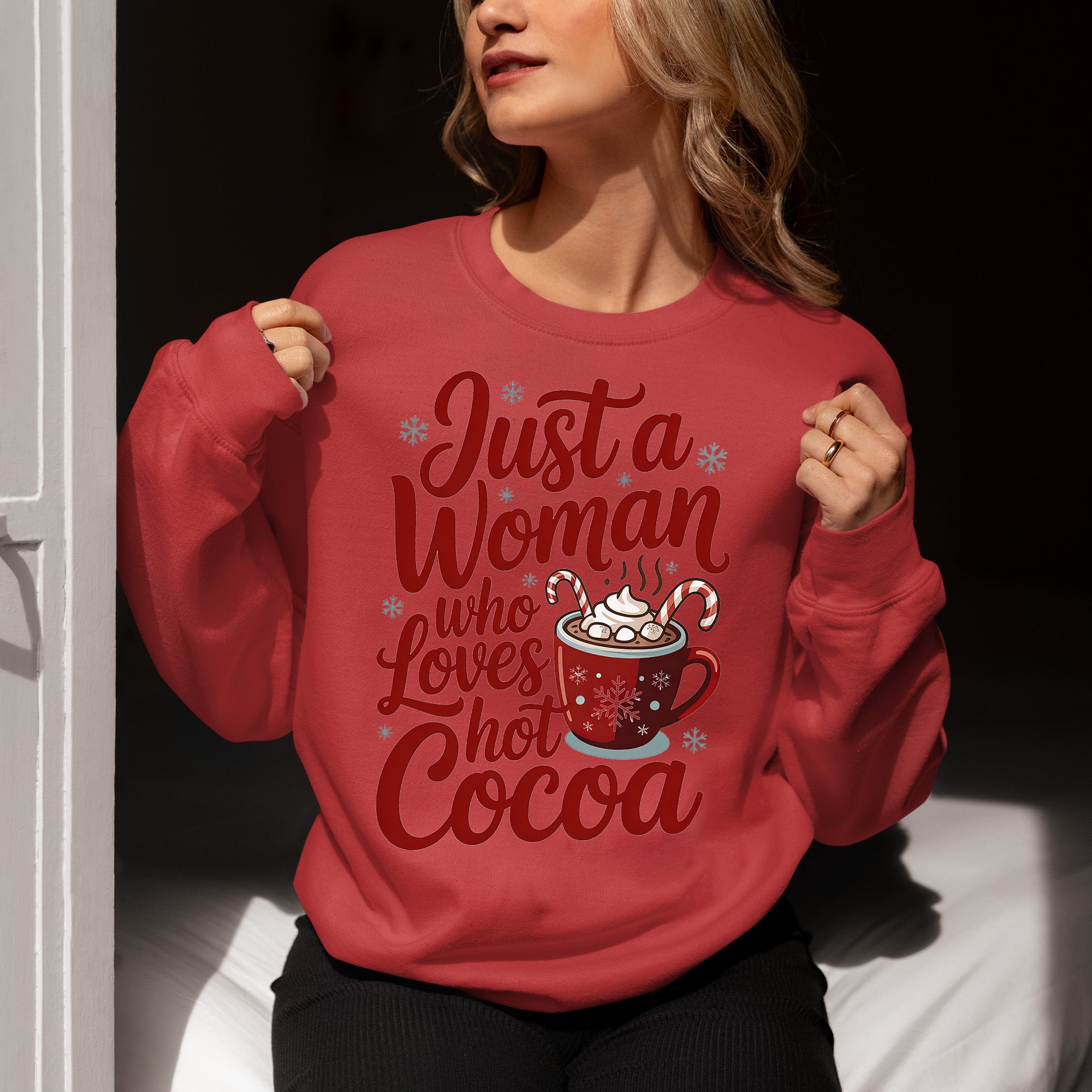 Christmas Gift for Her: Just a Woman Who Loves Hot Cocoa – Cozy Holiday Cheer Sweatshirt