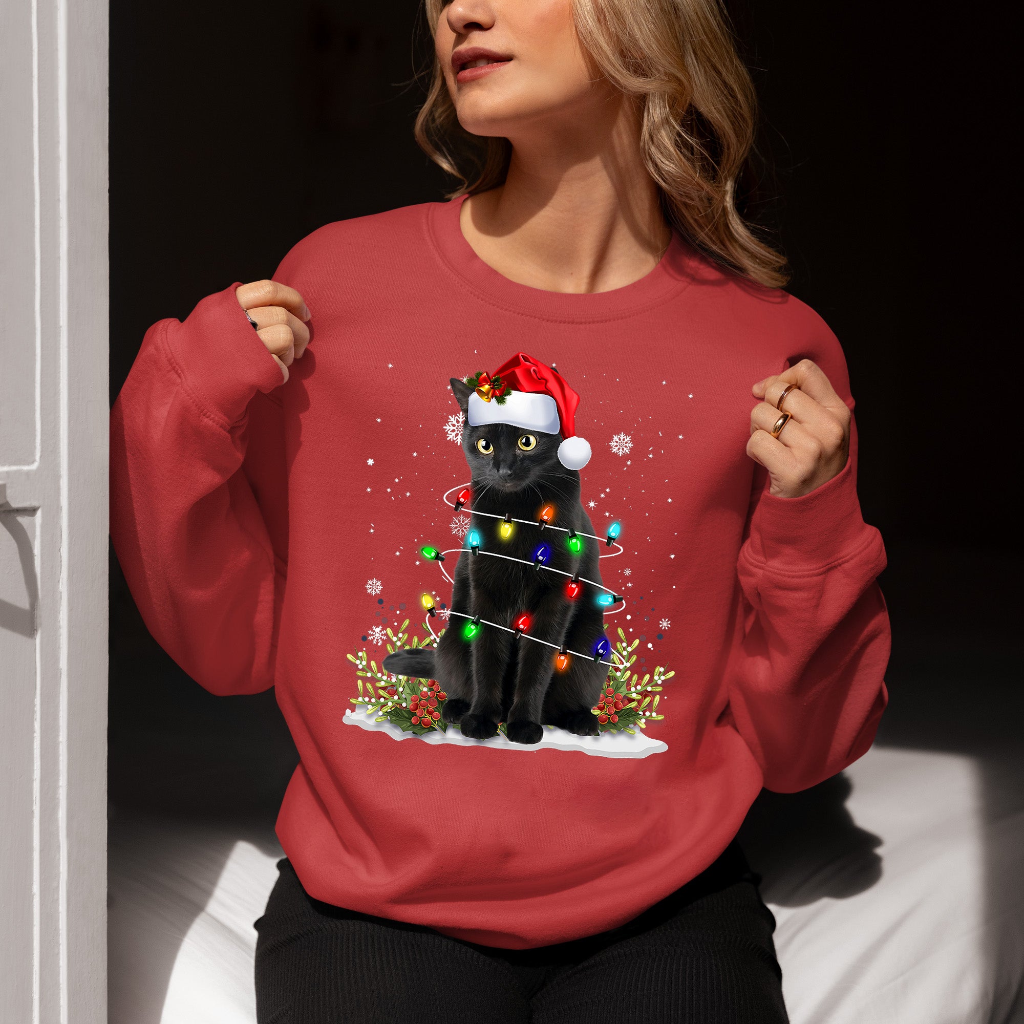 Christmas Cat Wrapped in Lights - Cute Festive Kitty in Holiday Glow, Perfect Gift for Cat Lovers, Cozy Seasonal Charm Sweatshirt