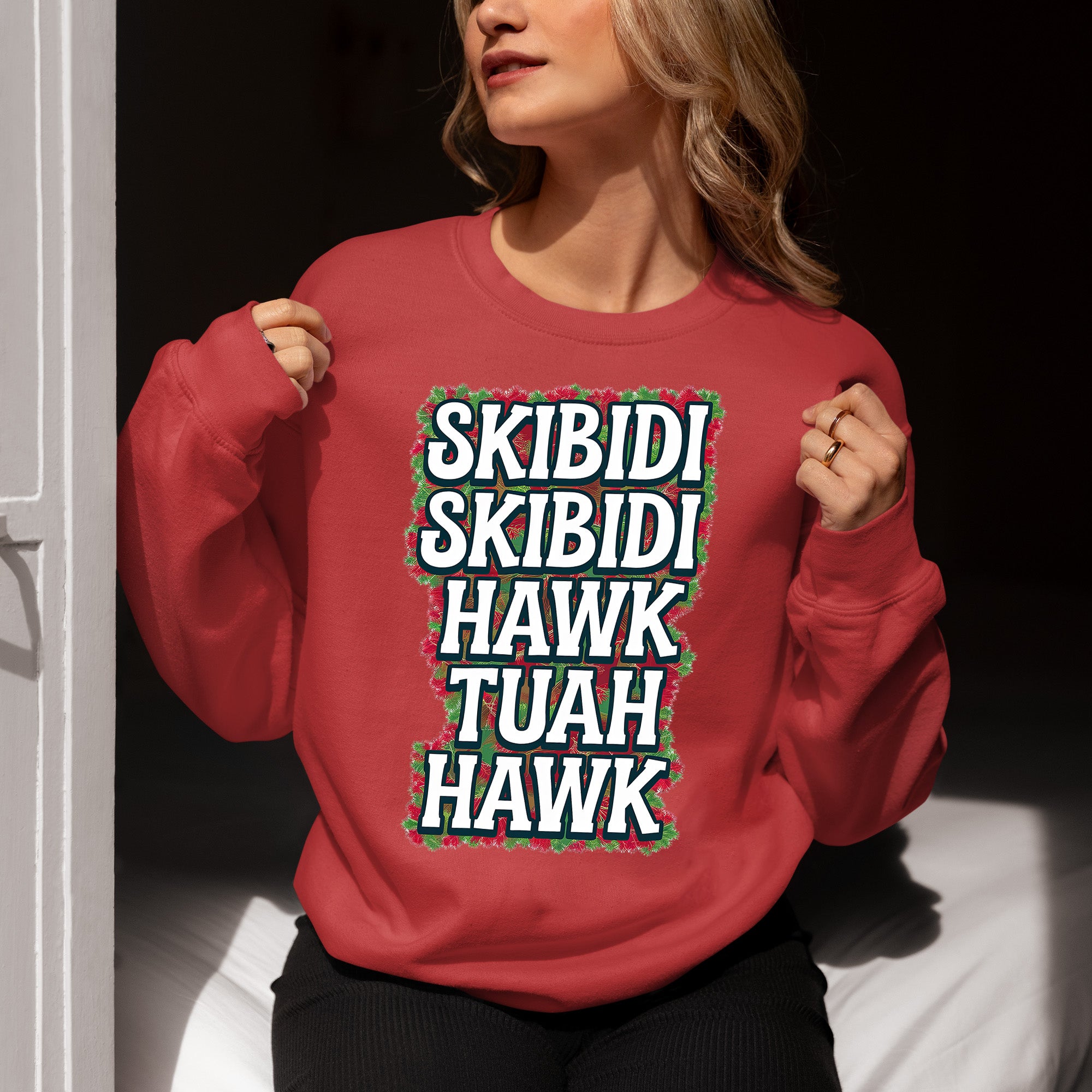Christmas Skibidi Skibidi Hawk Tuah Hawk Art - Festive Holiday Scene for Gifts, Unique Cheer, Seasonal Pixel Masterpiece Sweatshirt