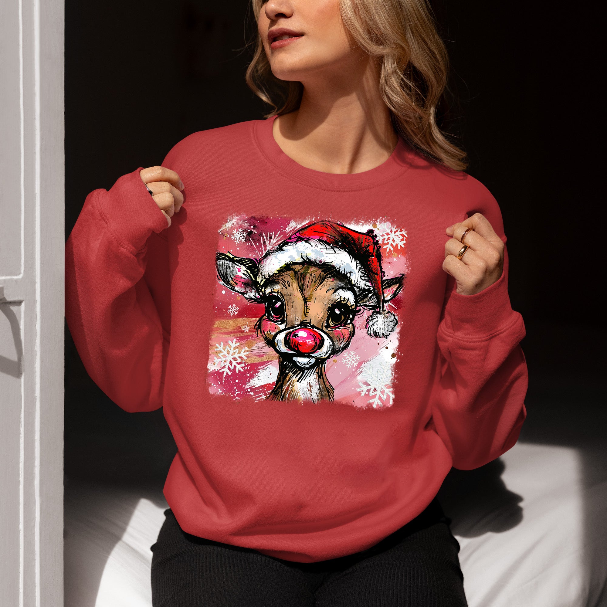 Christmas Reindeer with Hat - Festive Holiday Gift Idea, Handcrafted Seasonal Charm Sweatshirt