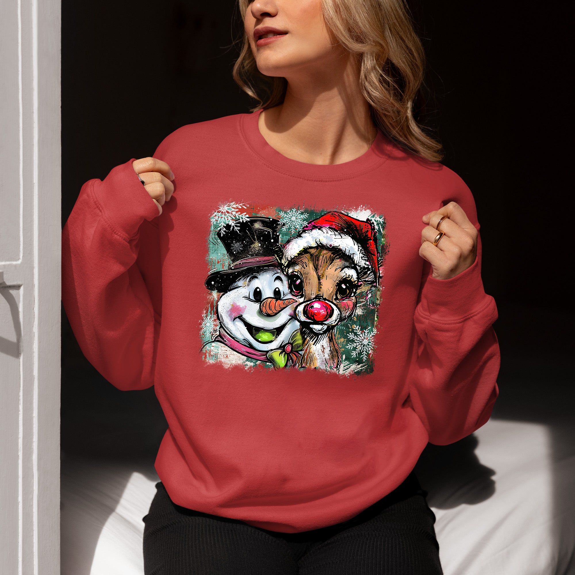 Christmas Raindeer with Snowman Scene, Cozy Winter Holiday Craft, Handmade Seasonal Gift Idea Sweatshirt