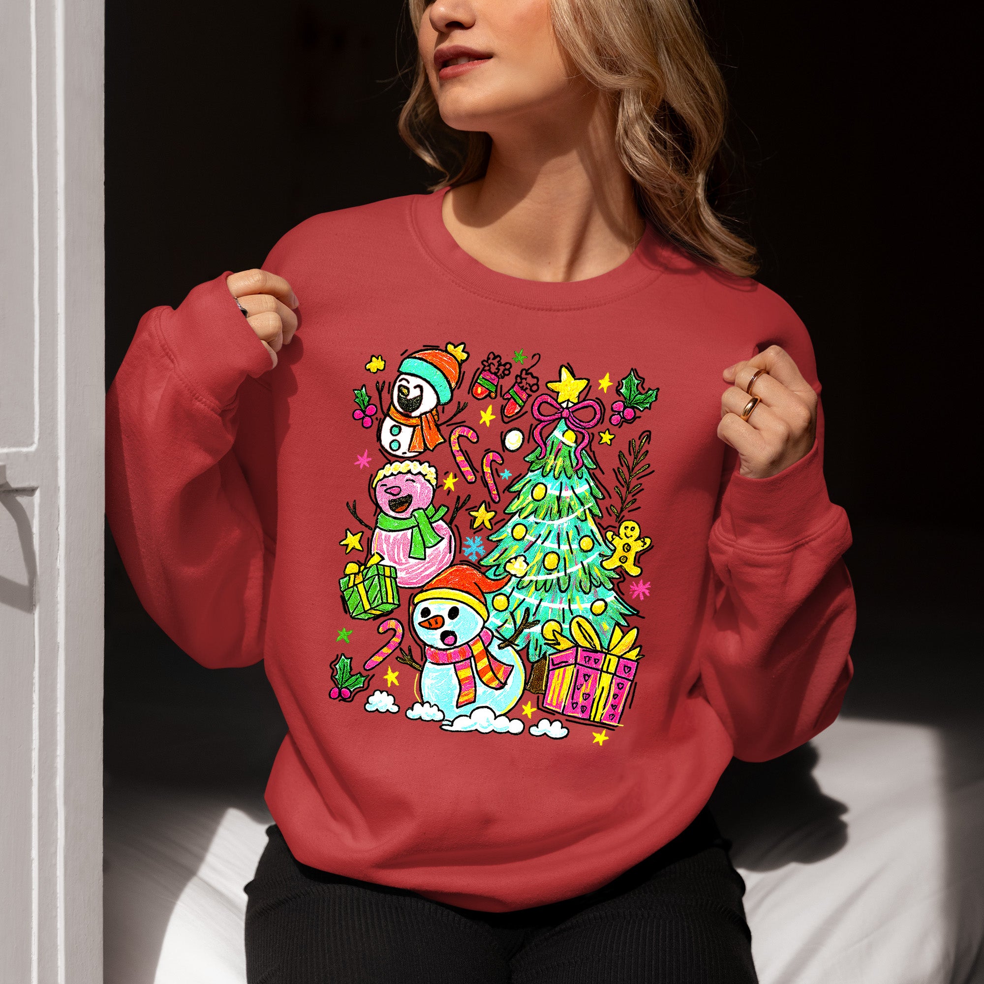 Christmas Line Drawing - Minimalist Holiday Sketch, Festive Snow Scene, Clean Black Ink Line Art for Gifts & Home Sweatshirt
