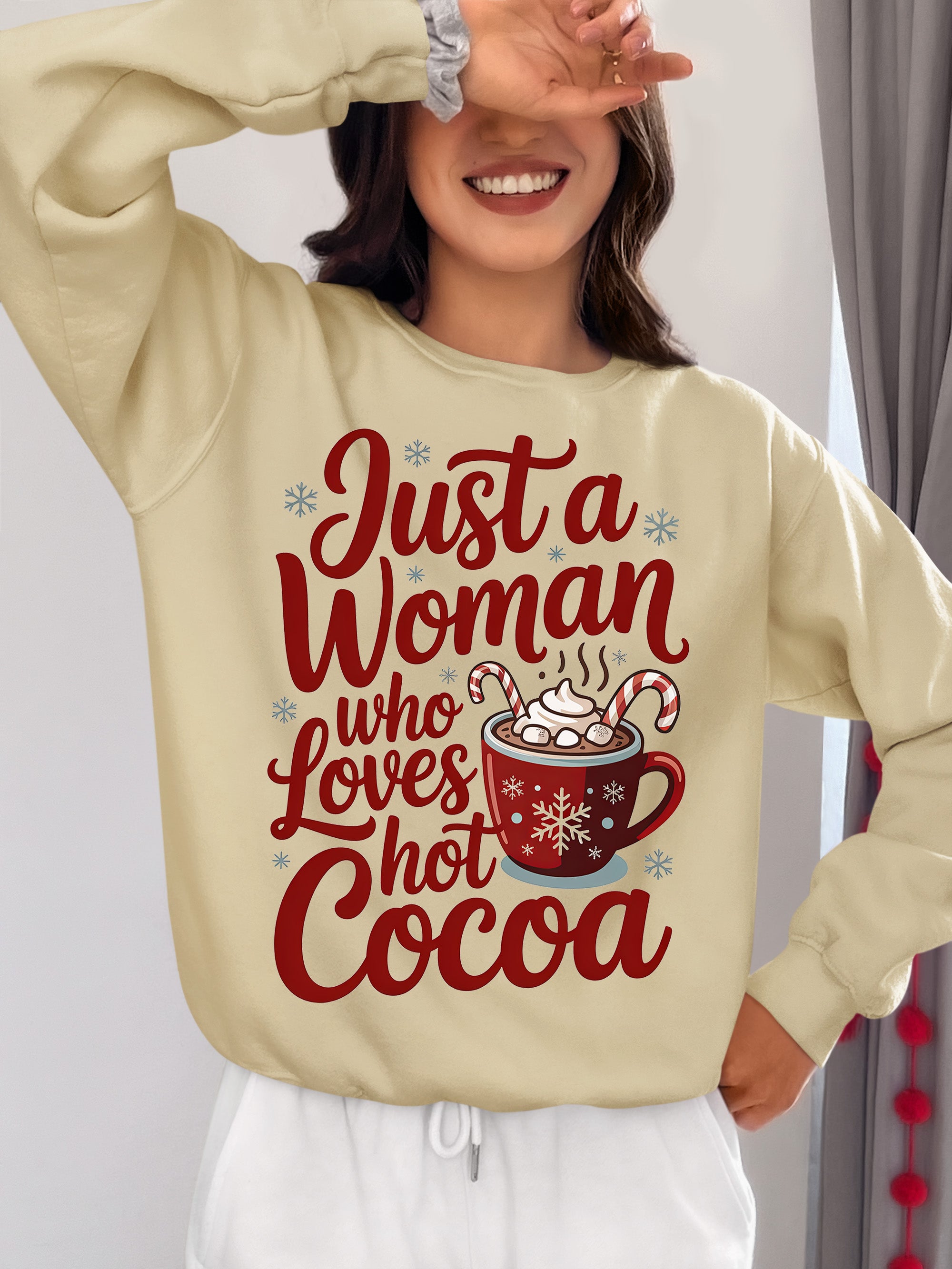 Christmas Gift for Her: Just a Woman Who Loves Hot Cocoa – Cozy Holiday Cheer Sweatshirt