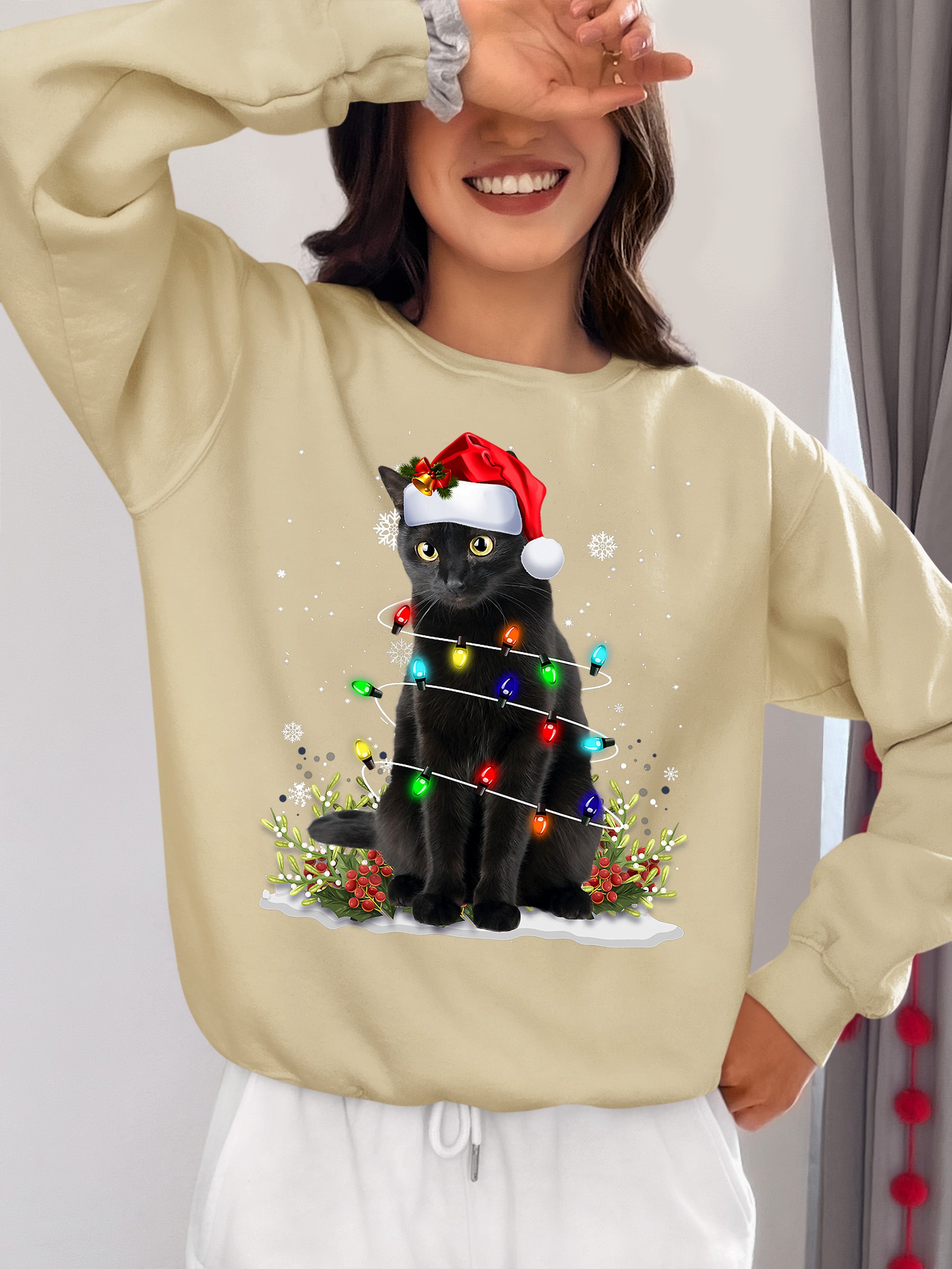 Christmas Cat Wrapped in Lights - Cute Festive Kitty in Holiday Glow, Perfect Gift for Cat Lovers, Cozy Seasonal Charm Sweatshirt