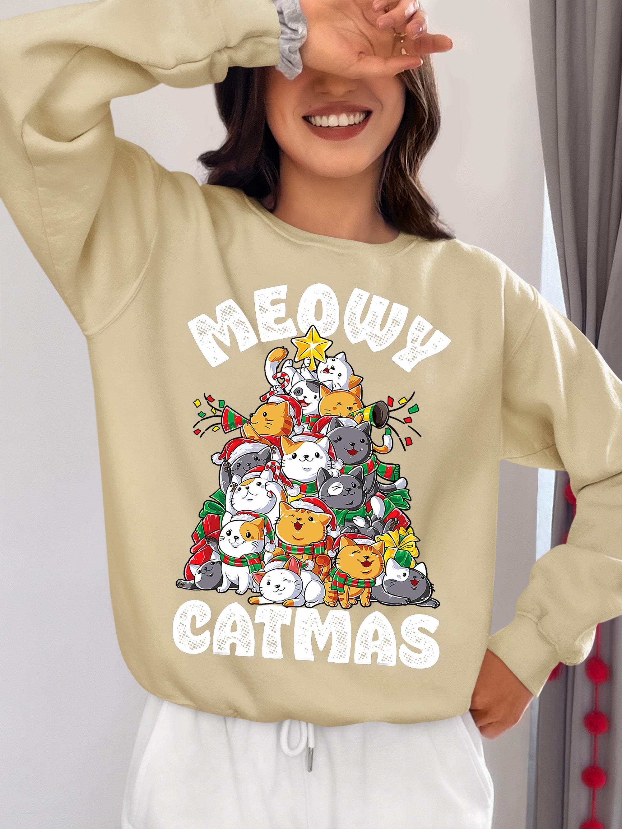Meowy Cat Tree Christmas Gift for Cats - Festive Cat Condo, Holiday Cozy Shelter, Yuletide Cat Furniture, Seasonal Cat House Sweatshirt
