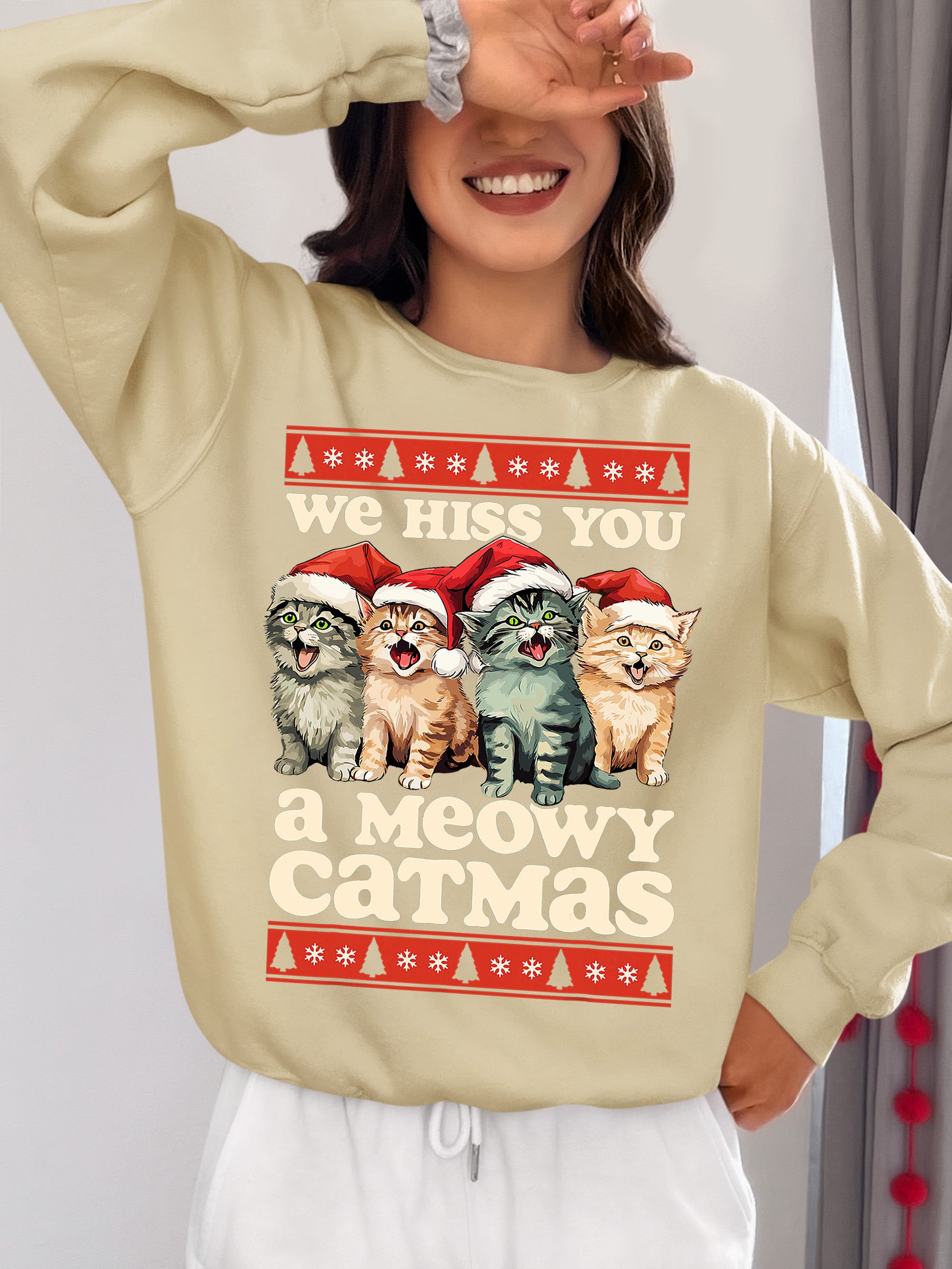We Wish You a Meowy Christmas – Festive Cat Holiday Greeting for Season's Cheer, Cute Feline Themed Artwork Sweatshirt