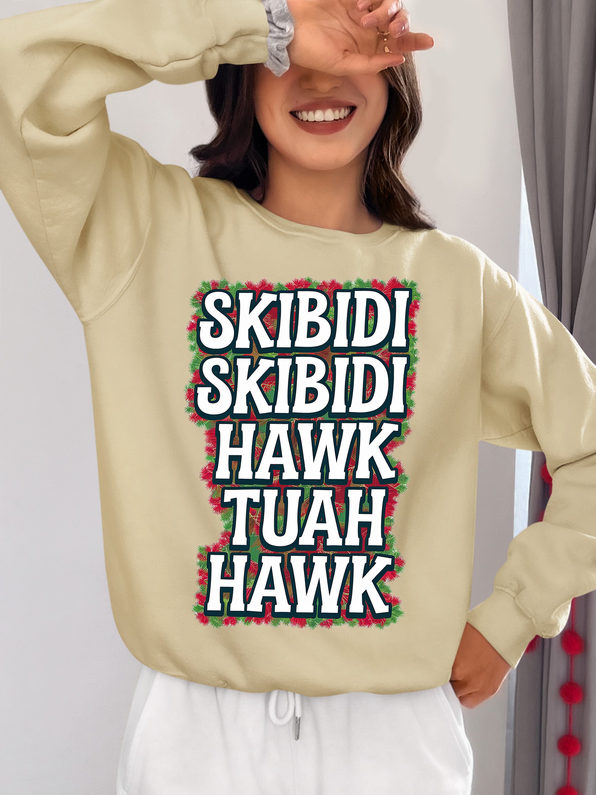 Christmas Skibidi Skibidi Hawk Tuah Hawk Art - Festive Holiday Scene for Gifts, Unique Cheer, Seasonal Pixel Masterpiece Sweatshirt