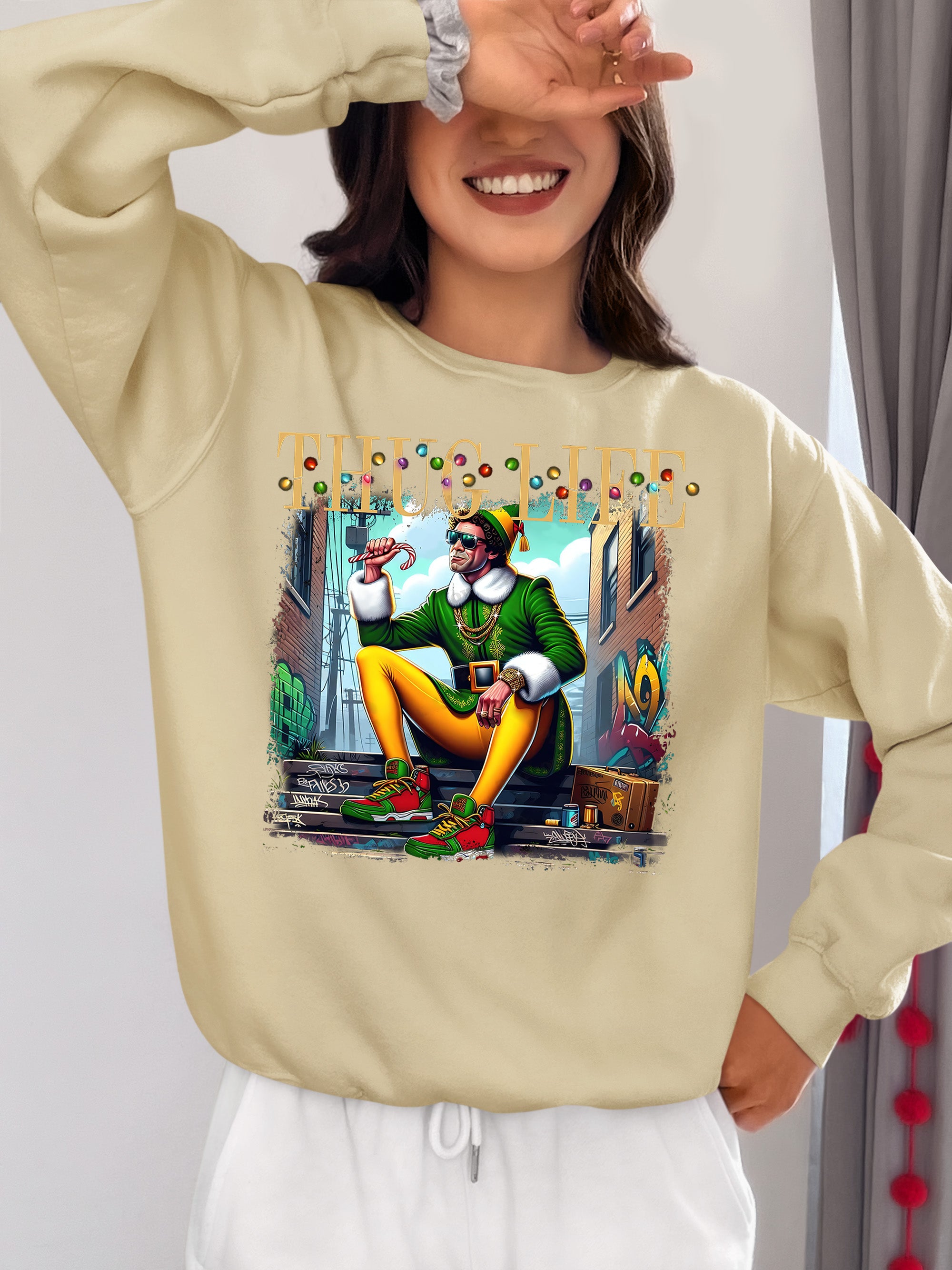 Thug Life Elf Christmas – Funny Holiday Elf Meme, Santa Humor, Naughty Nice Edition, Gifty Laughs for Holidays Sweatshirt