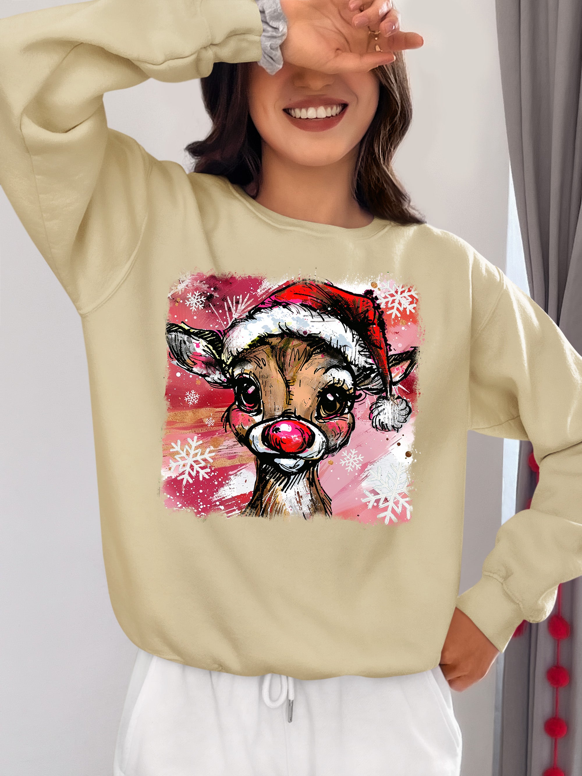 Christmas Reindeer with Hat - Festive Holiday Gift Idea, Handcrafted Seasonal Charm Sweatshirt