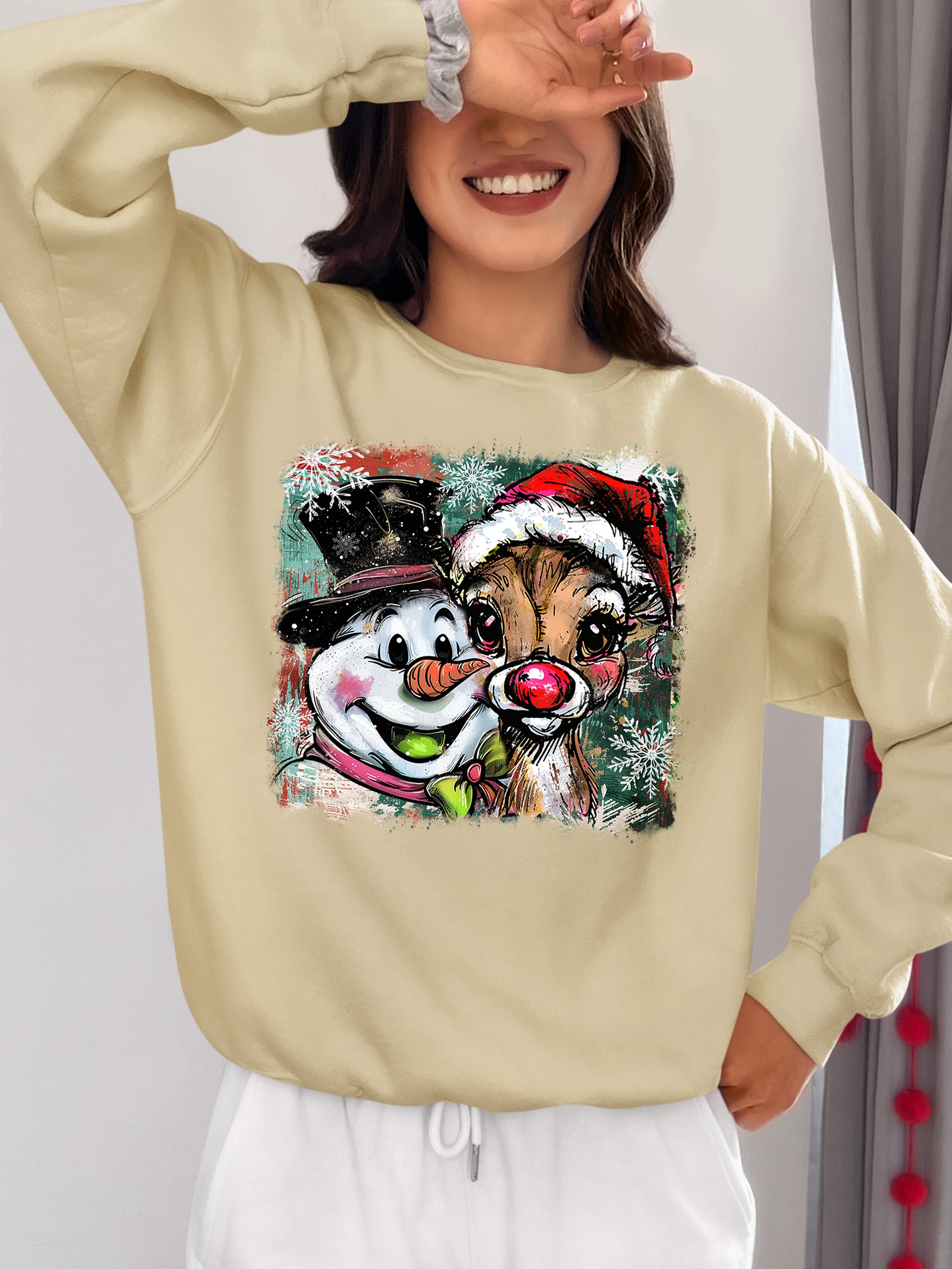 Christmas Raindeer with Snowman Scene, Cozy Winter Holiday Craft, Handmade Seasonal Gift Idea Sweatshirt