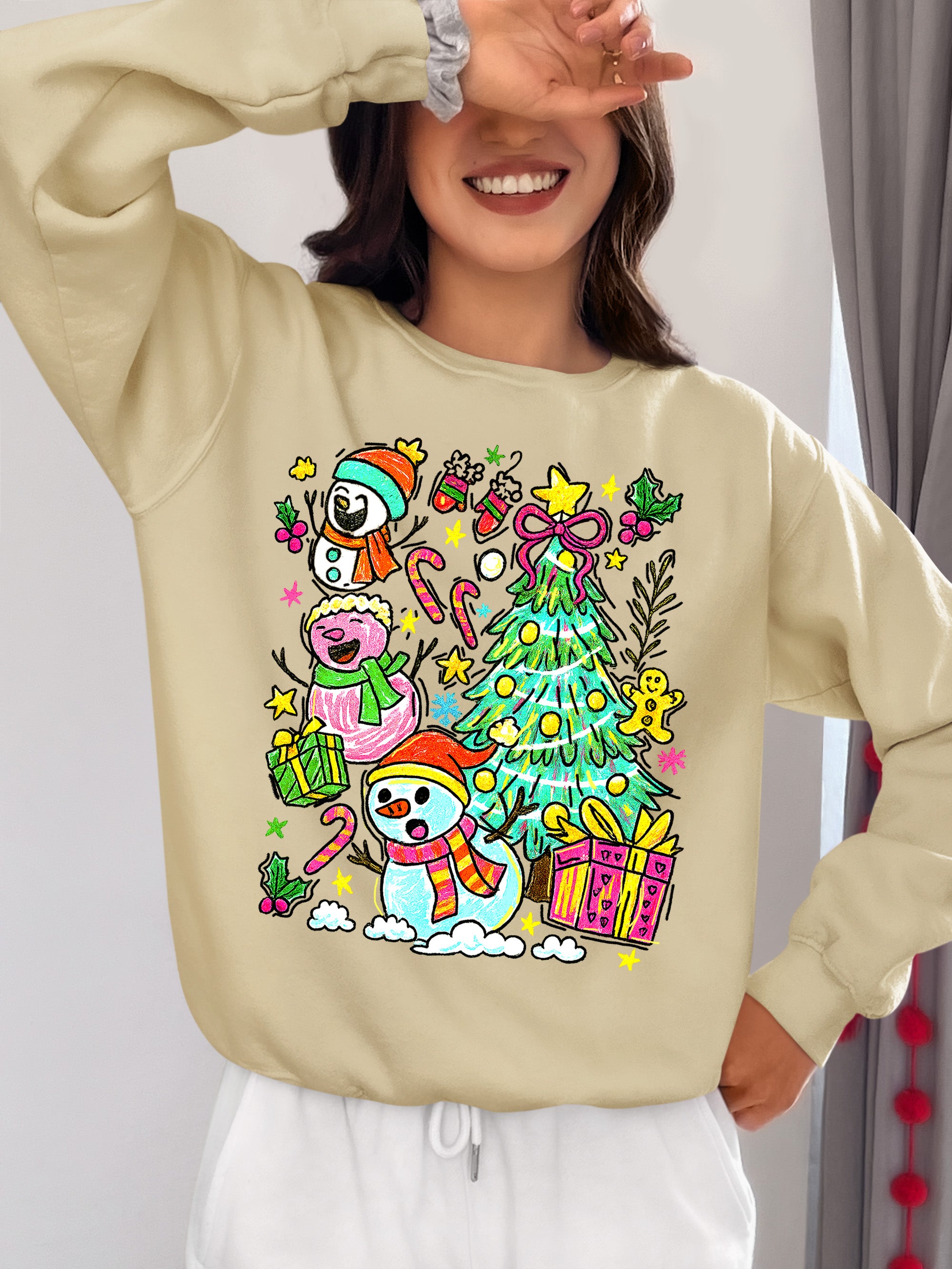Christmas Line Drawing - Minimalist Holiday Sketch, Festive Snow Scene, Clean Black Ink Line Art for Gifts & Home Sweatshirt