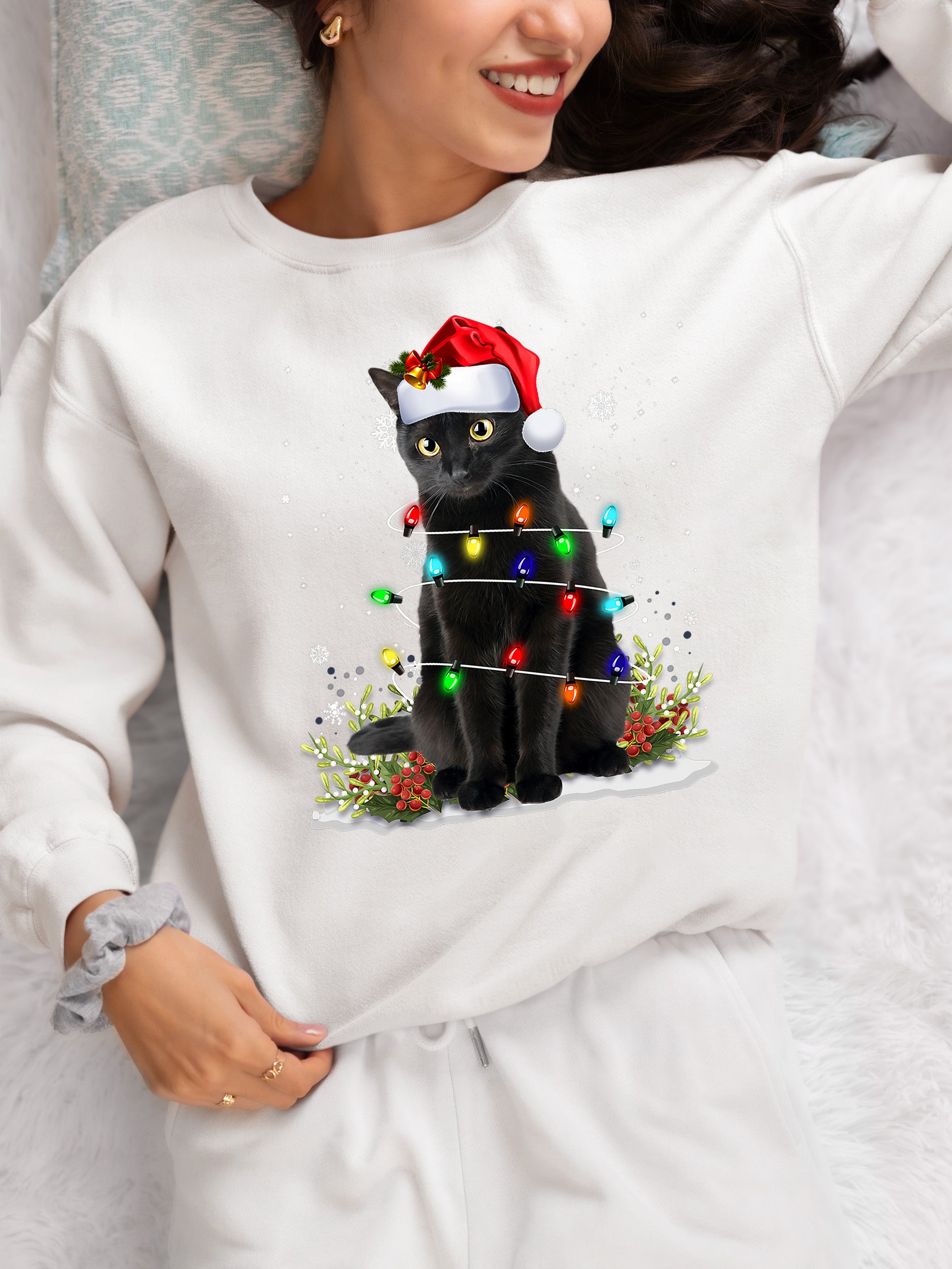 Christmas Cat Wrapped in Lights - Cute Festive Kitty in Holiday Glow, Perfect Gift for Cat Lovers, Cozy Seasonal Charm Sweatshirt