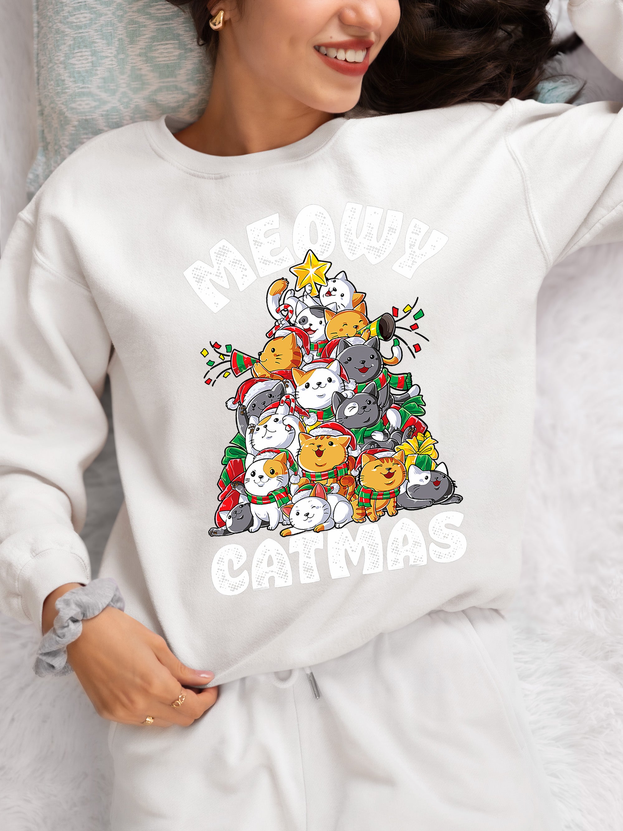 Meowy Cat Tree Christmas Gift for Cats - Festive Cat Condo, Holiday Cozy Shelter, Yuletide Cat Furniture, Seasonal Cat House Sweatshirt