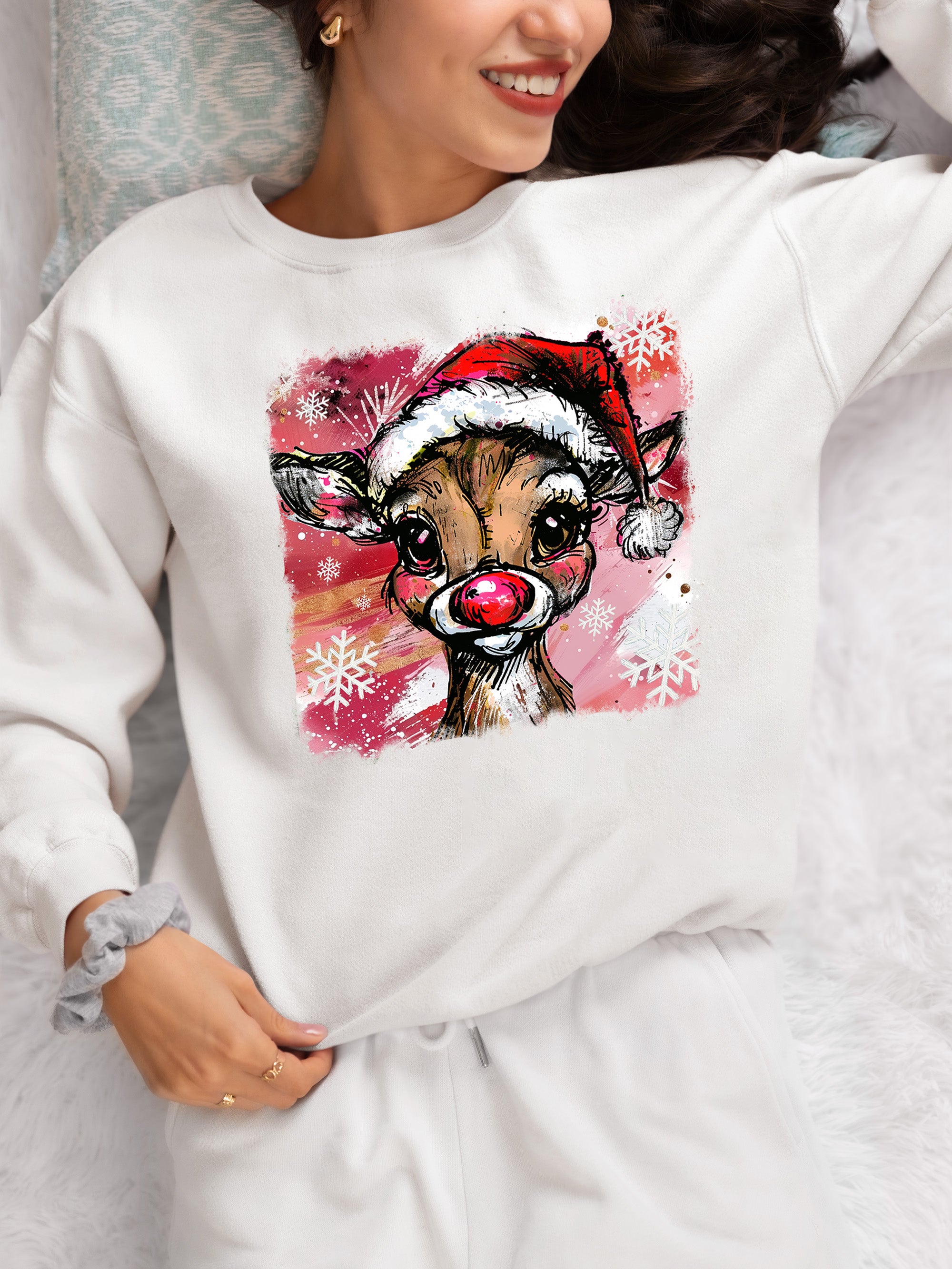 Christmas Reindeer with Hat - Festive Holiday Gift Idea, Handcrafted Seasonal Charm Sweatshirt