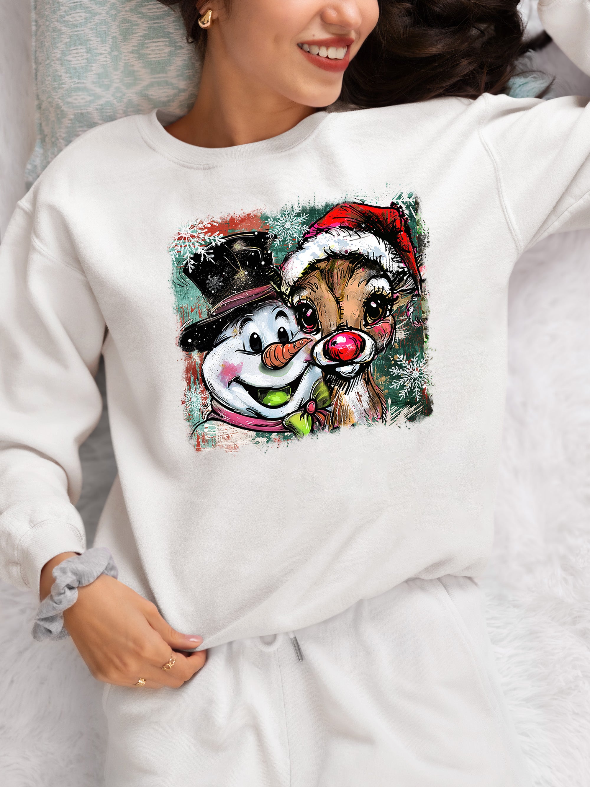 Christmas Raindeer with Snowman Scene, Cozy Winter Holiday Craft, Handmade Seasonal Gift Idea Sweatshirt