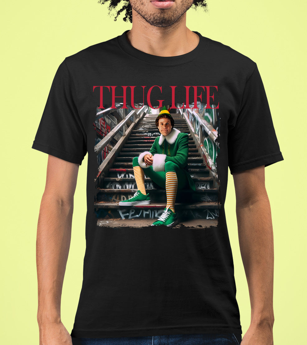 Thug Life Elf on the Streets | Christmas Humor, Naughty Elf Vibe, Festive Season Style, Holiday Laughs Gift Idea T-Shirt