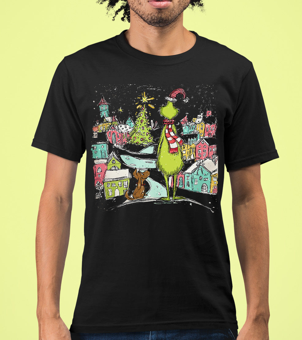 Line Drawing Christmas Illustration - Minimalist Holiday Scene, Nordic Christmas Art, Cozy Winter Gift T-Shirt