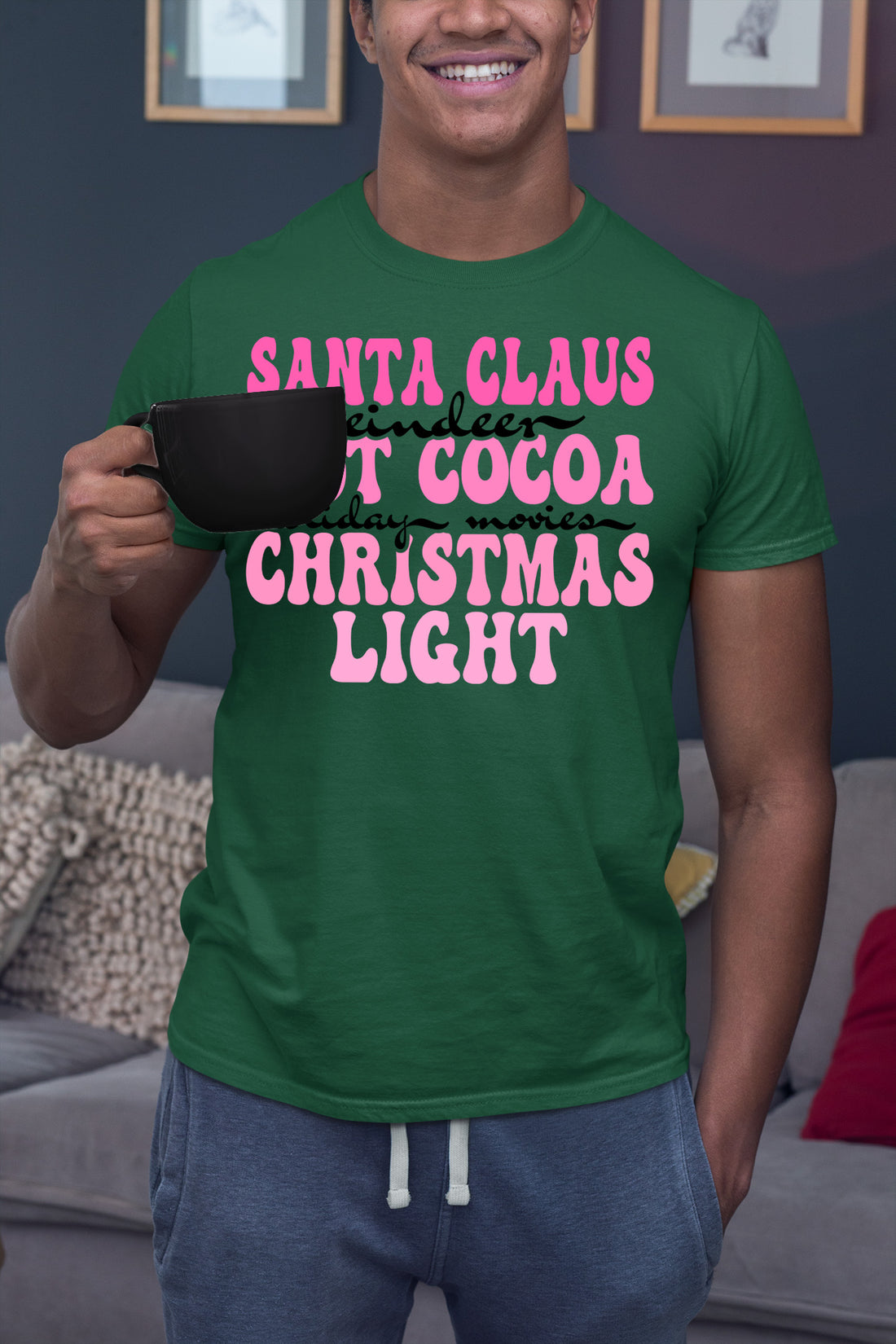 Santa Claus Reindeer Christmas Scene with Hot Cocoa - Cozy Holiday Charm for Gifts & Collectibles T-Shirt