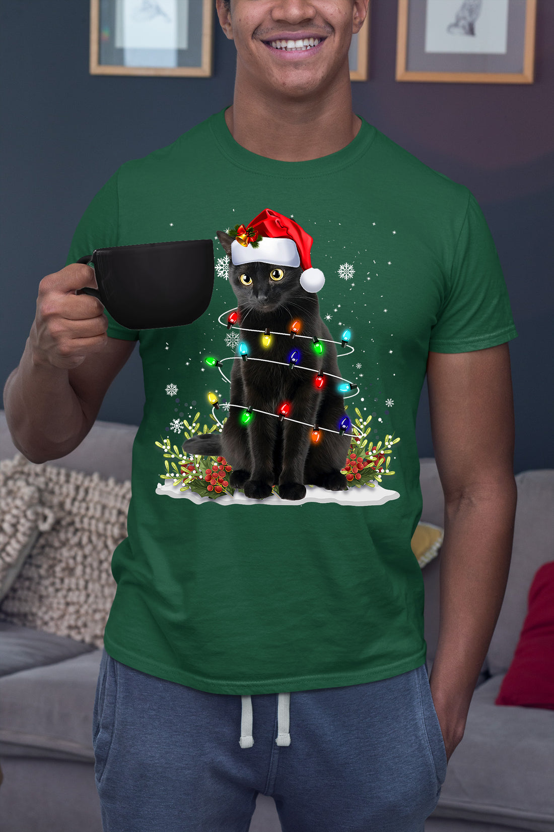 Christmas Cat Wrapped in Lights - Cute Festive Kitty in Holiday Glow, Perfect Gift for Cat Lovers, Cozy Seasonal Charm T-Shirt