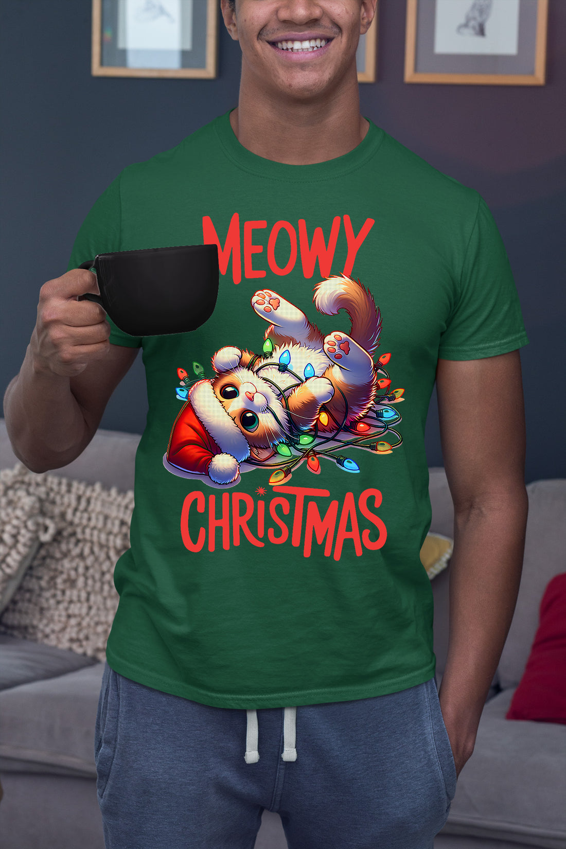 Meowy Christmas Cat Illustration, Festive Holiday Poster for Cat Lovers, Cozy Seasonal Gift, Cute Feline Artwork T-Shirt